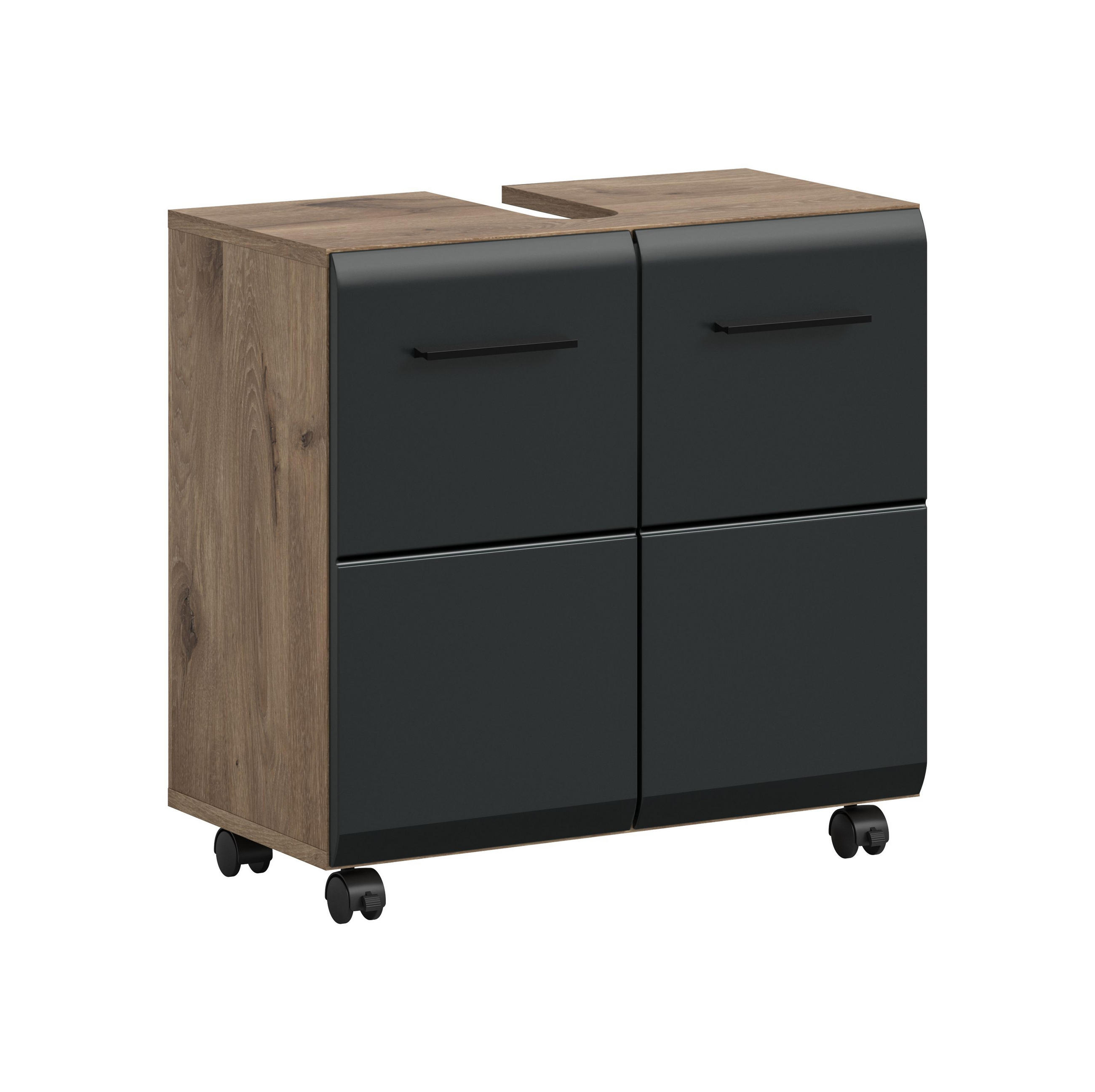 WASCHBECKENUNTERSCHRANK auf Rollen ICE (B/H/T: ca. 60/58/30 cm) in Nox Oak Nachbildung/schwarz matt - Eichefarben, Holzwerkstoff (60/58/30cm)