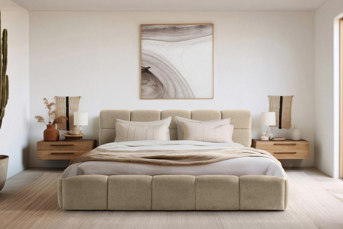 POLSTERBETT AERI 140/160/180/200 mit Rahmen und Bettkasten, beige - Beige, Holz/Holzwerkstoff (200/200cm) - KONSIMO®