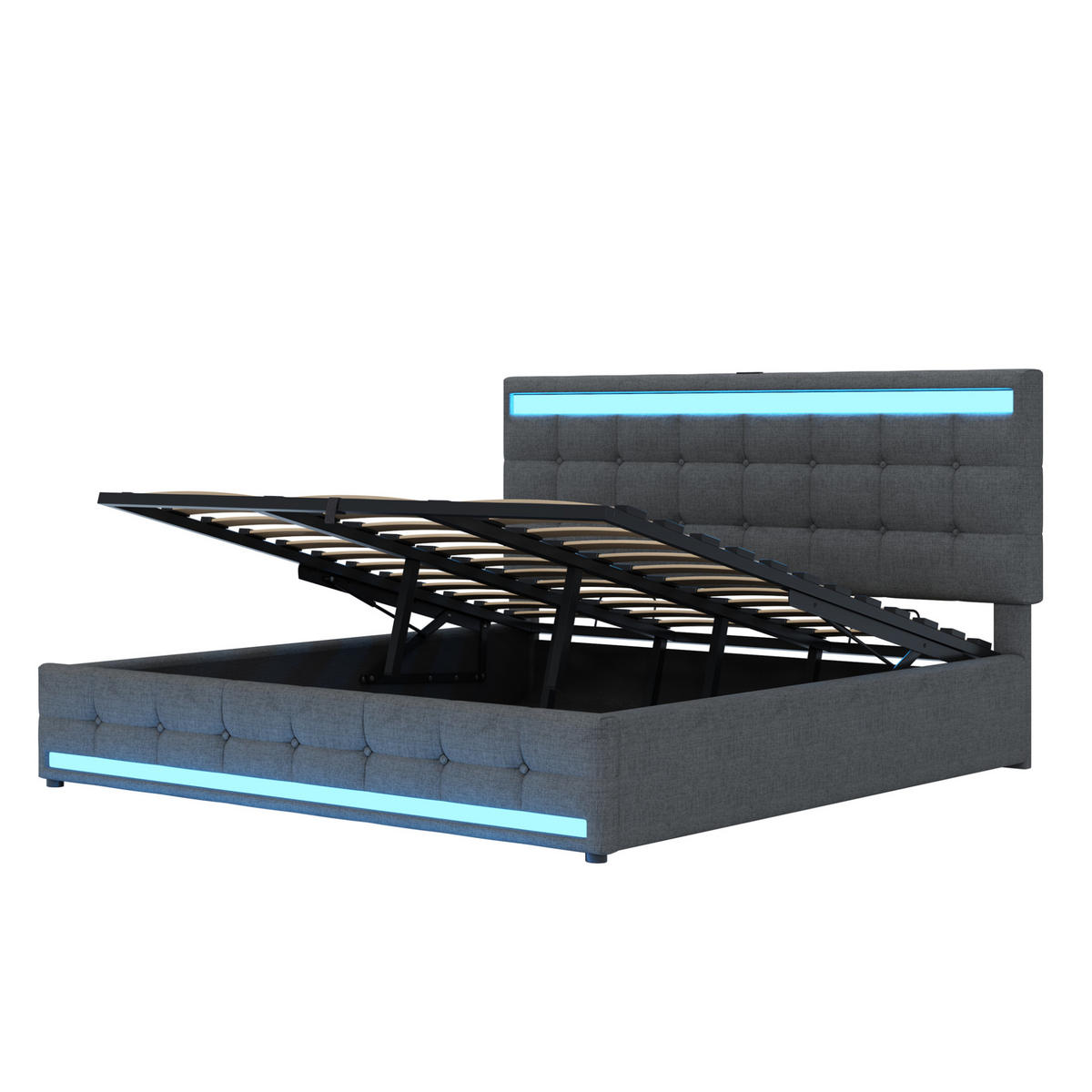 POLSTERBETT 180/200 cm Grau aus Stoff mit LED-Beleuchtung und USB - Grau, Textil (180/200cm) - OKMYHOME