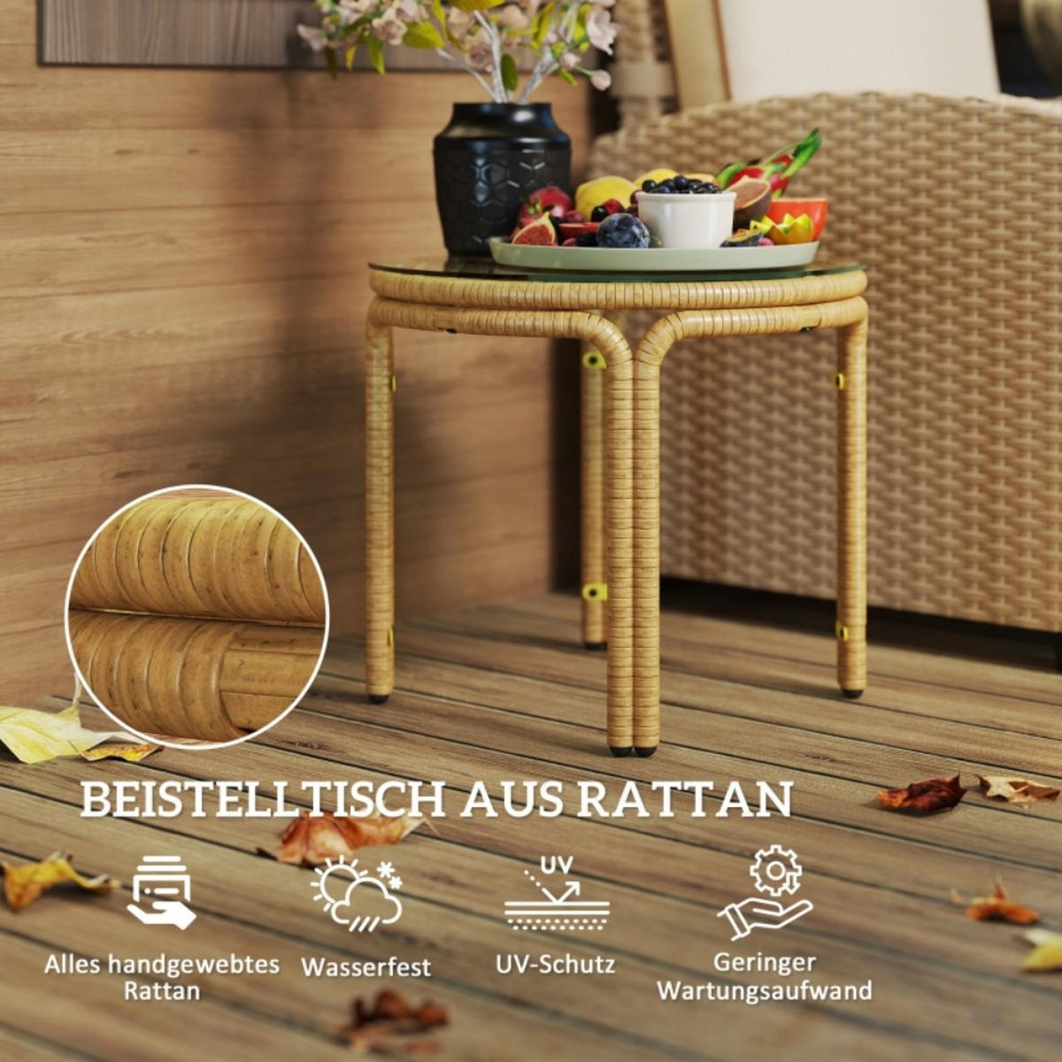BALKONTISCH Ratten Beistelltisch,Gartentisch mit Glas Tischplatte,Braun - Braun, Metall (50/44/44cm) - LVHOM
