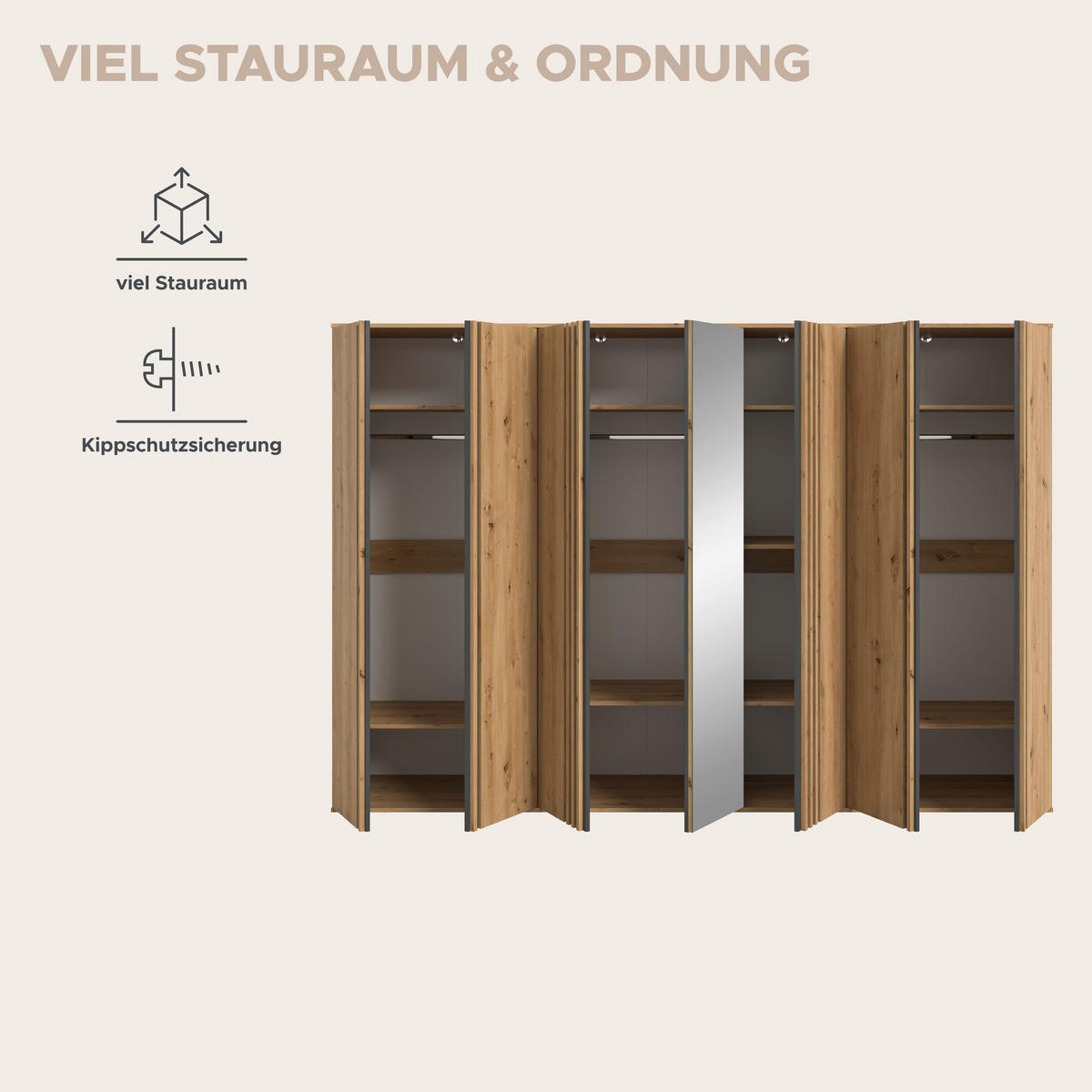 KLEIDERSCHRANKKOMBINATION Tindra (B/H/T: ca. 280/190/56 cm) in Artisan Eiche Nachbildung/Artisan Eiche Nachbildung - Eiche Artisan, Holzwerkstoff (280/190/56cm) - Homes & Jones