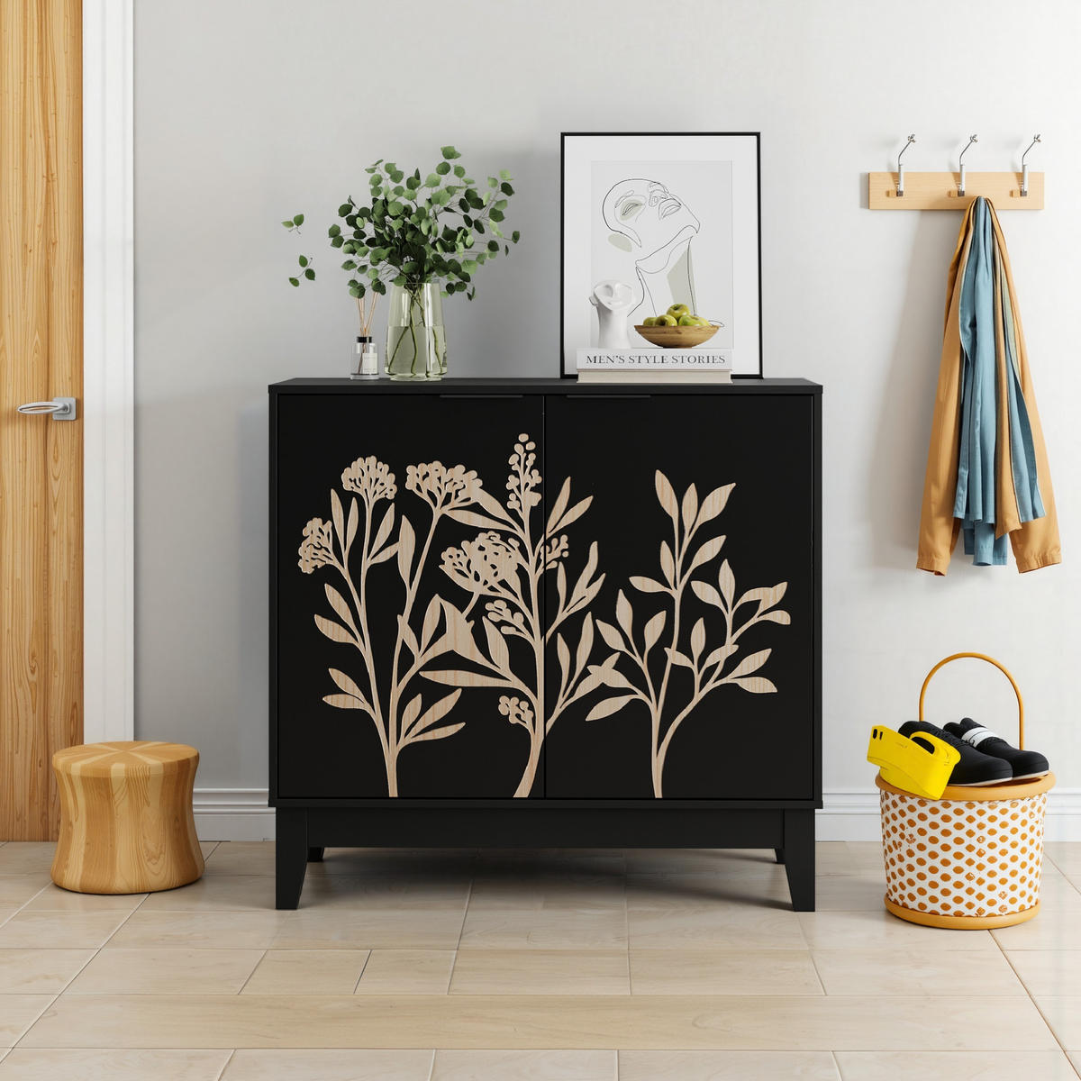 SIDEBOARD aus MDF Schwarz 80x38x76 cm mit floraler Schnitzerei, 2 Türen und verstellbarem Einlegeboden - Schwarz, Holzwerkstoff (80/76/38cm) - Modfu