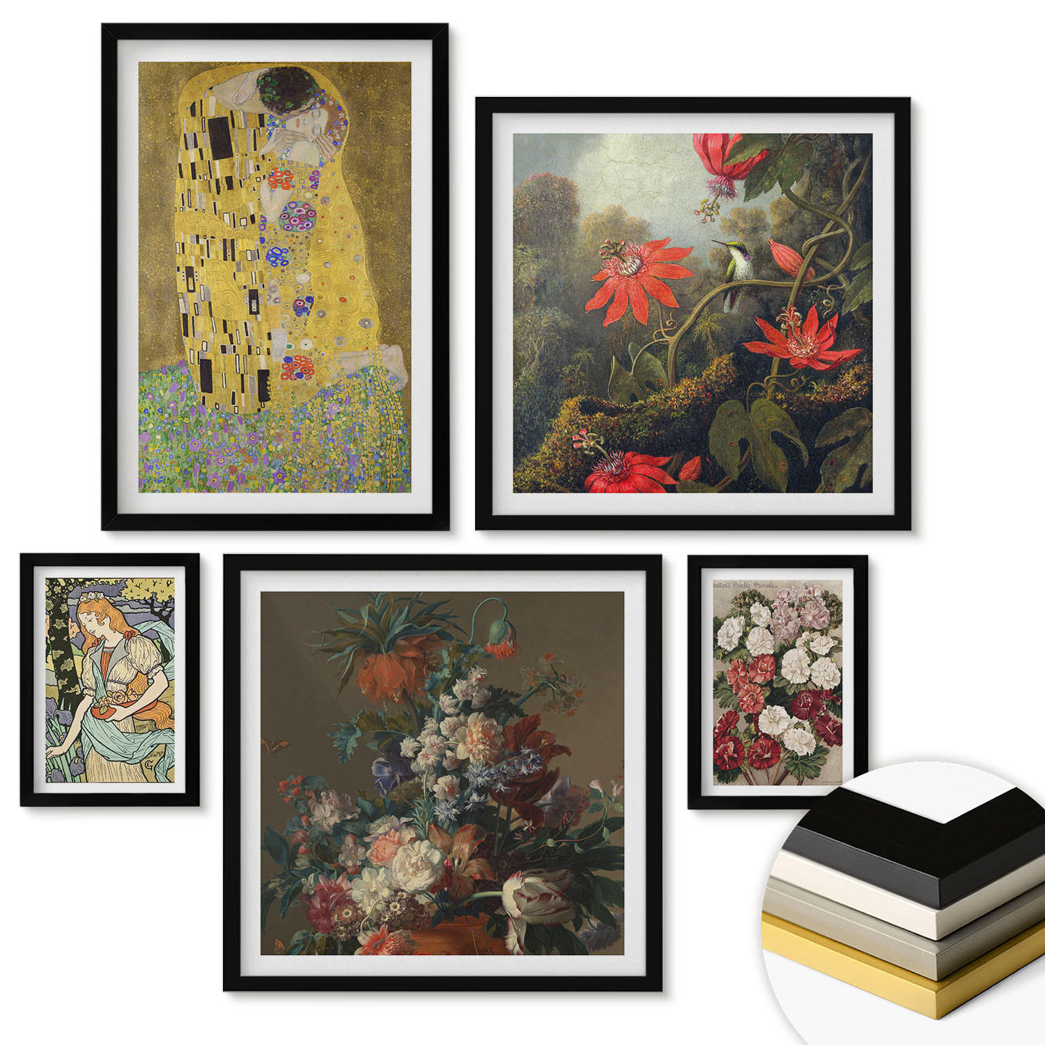 WANDBILDER 5er-Set - 50x50 cm & 20x30 cm & 40x60 cm Schwarzer Rahmen - Blumen des Baumes (Gemälde von Klimt) - Schwarz, Kunststoff (40/60cm) - ArtPrintCave