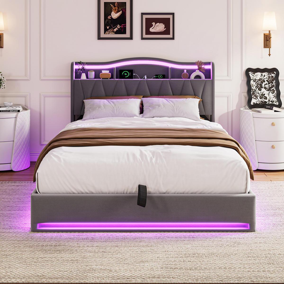 POLSTERBETT 160/200 cm grau mit Stauraum, LED und USB - Grau, Holz - SHOPENTRA