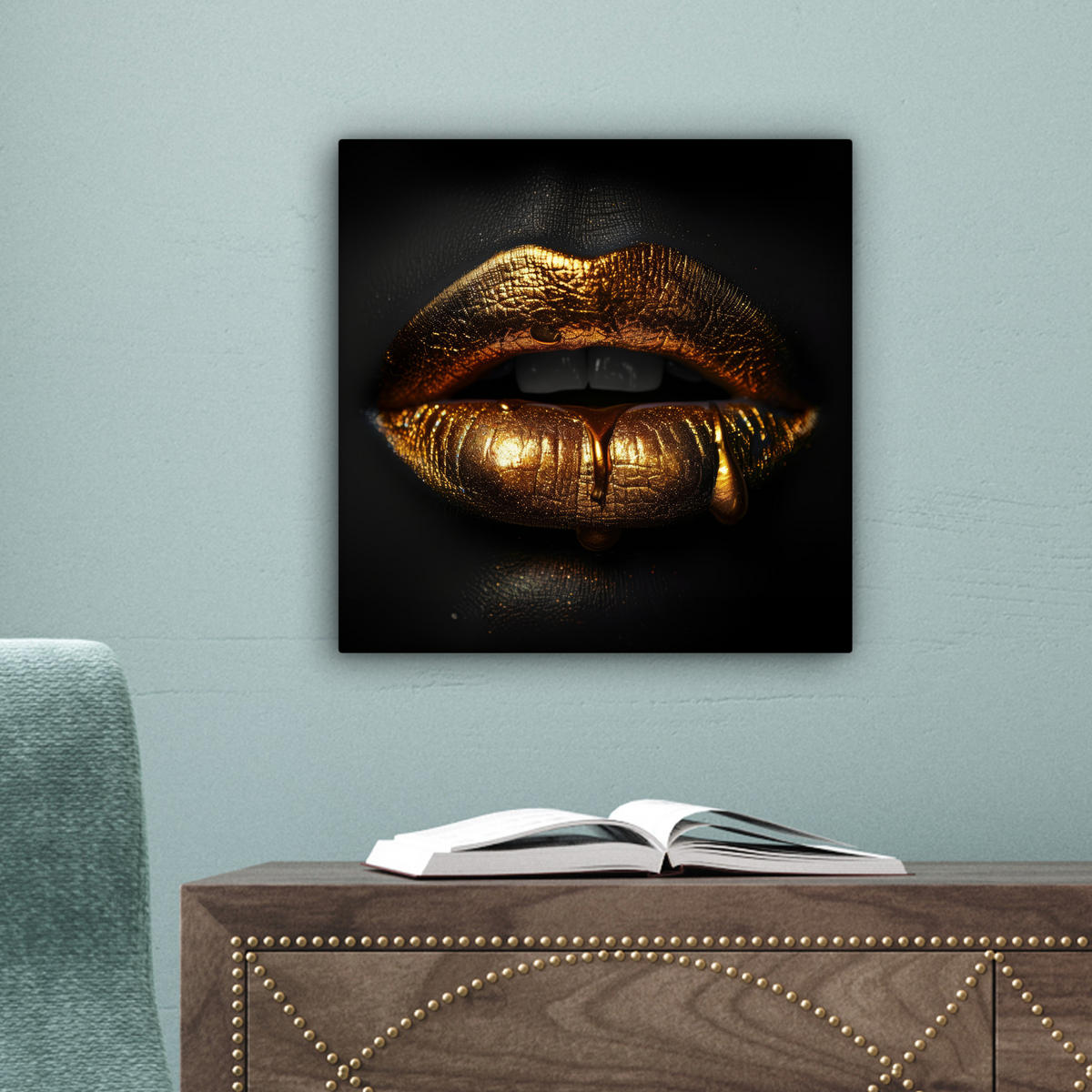 LEINWANDBILD Frau - Porträt - Lippen - Gold - Schwarz 20x20 cm - Schwarz, Textil (20/20cm) - MuchoWow