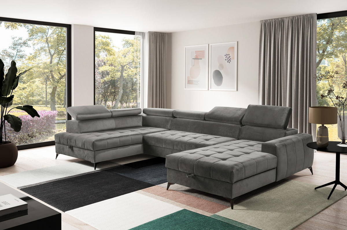 WOHNLANDSCHAFT Arkucio U Grau 345/200/95 cm – großes Sofa mit Schlaffunktion R - Schwarz/Grau, Textil/Metall (345/95/200cm) - AX Living
