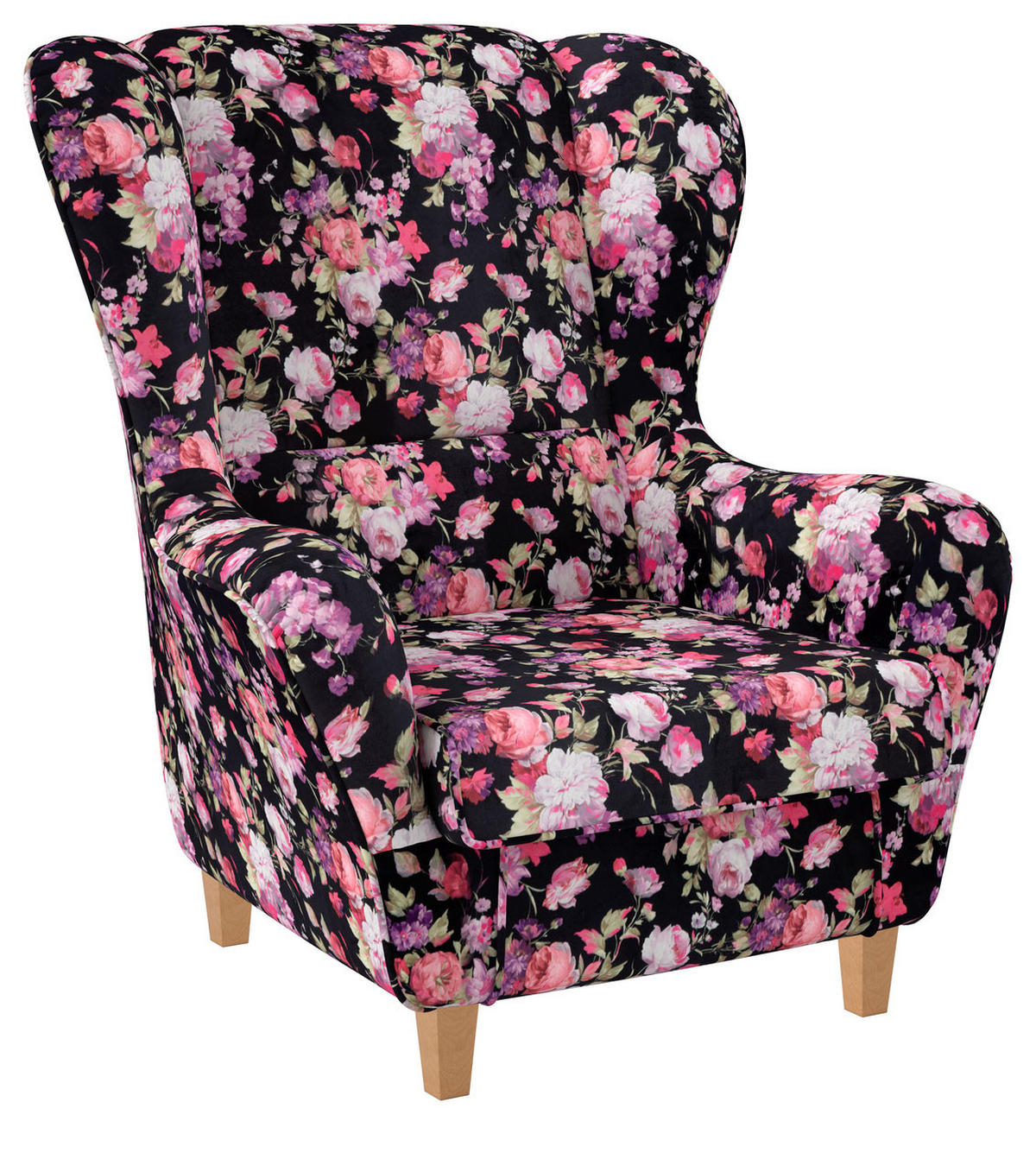 OHRENSESSEL Sofia Relaxsessel mit Hocker | Design Samt-Velours Rosen - Schwarz/Rosa, Textil (920/680/950cm) - Supellex