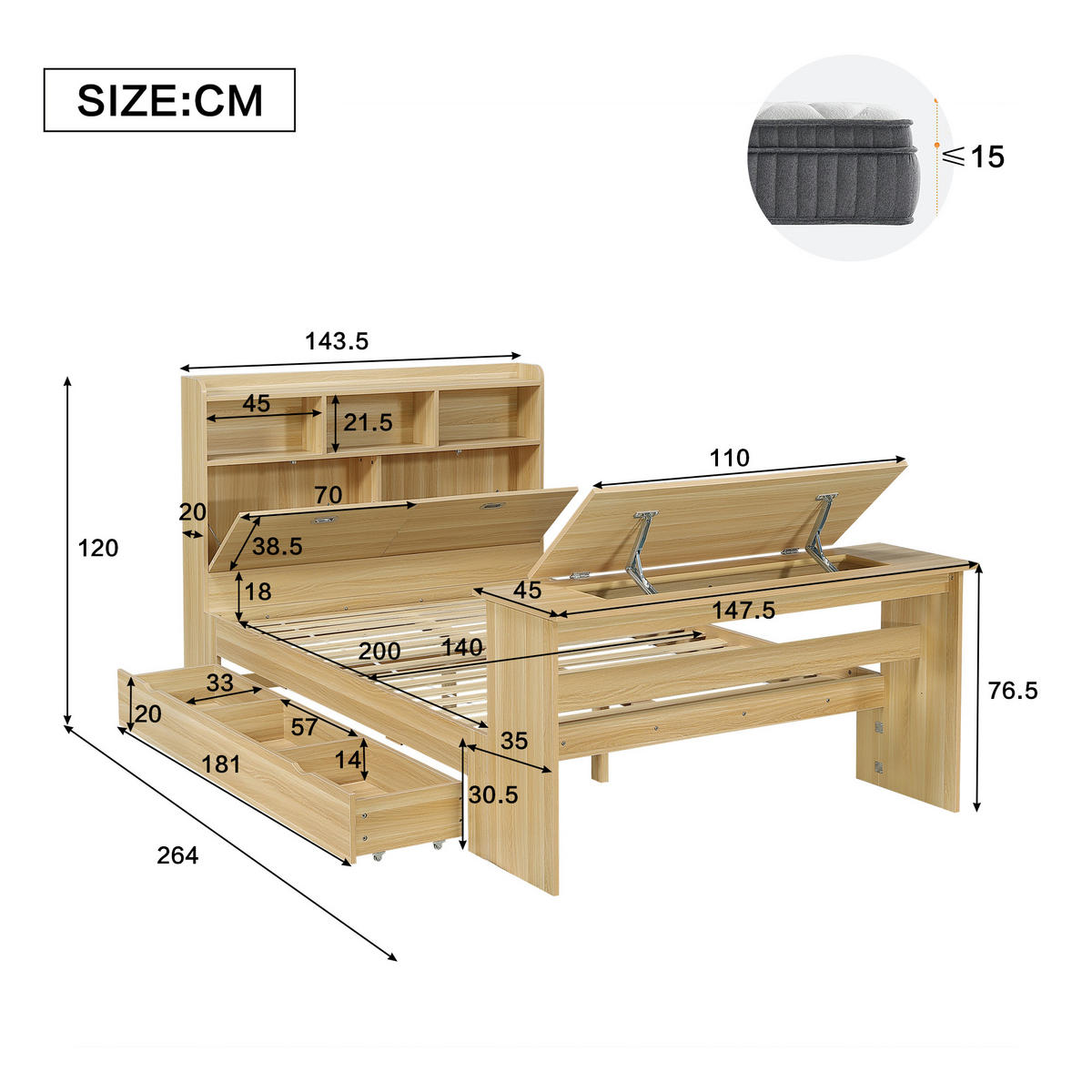 JUGENDBETT 140/200 cm in Naturfarben mit Stauraum, Kopfteilregal und Klapptisch aus Holz - Naturfarben, Holzwerkstoff - STILVORA