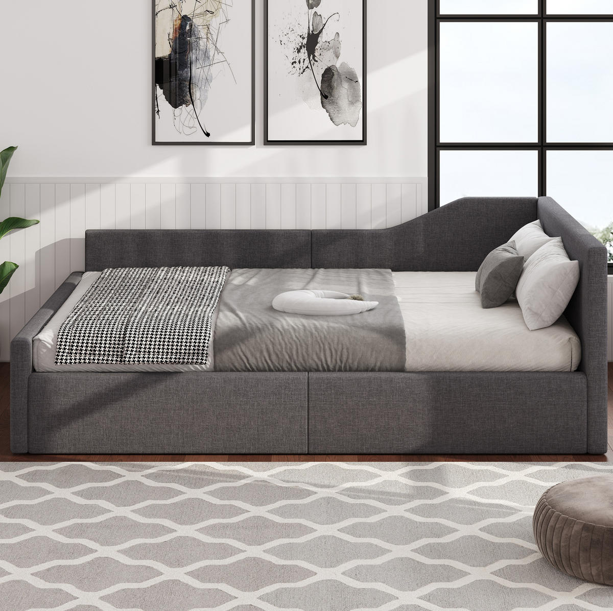ČALÚNENÁ posteľ z MDF a preglejky 140x200 cm sivá s úložným priestorom, opierkou chrbta a podrúčkou - sivá, kompozitné drevo (140/200cm) - Modfu