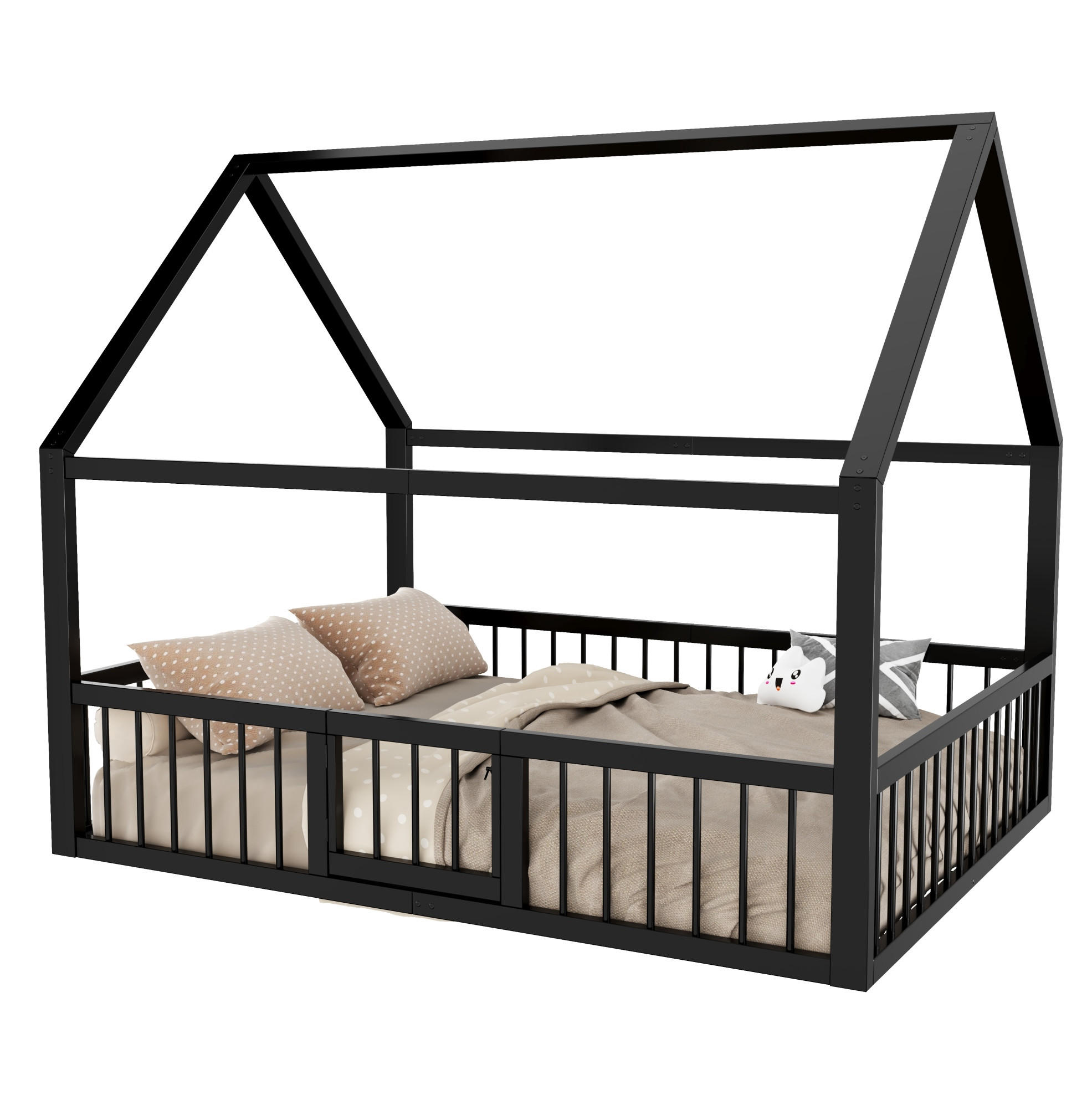 KINDERBETT 140/200 cm in Hausform aus Metall mit Sicherheitsgeländer Schwarz - Schwarz, Metall (140/200cm) - BEAOK