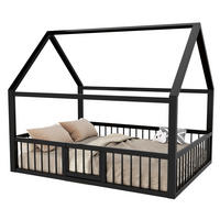 KINDERBETT 140/200 cm in Hausform aus Metall mit Sicherheitsgeländer Schwarz - Schwarz, Metall (140/200cm) - BEAOK