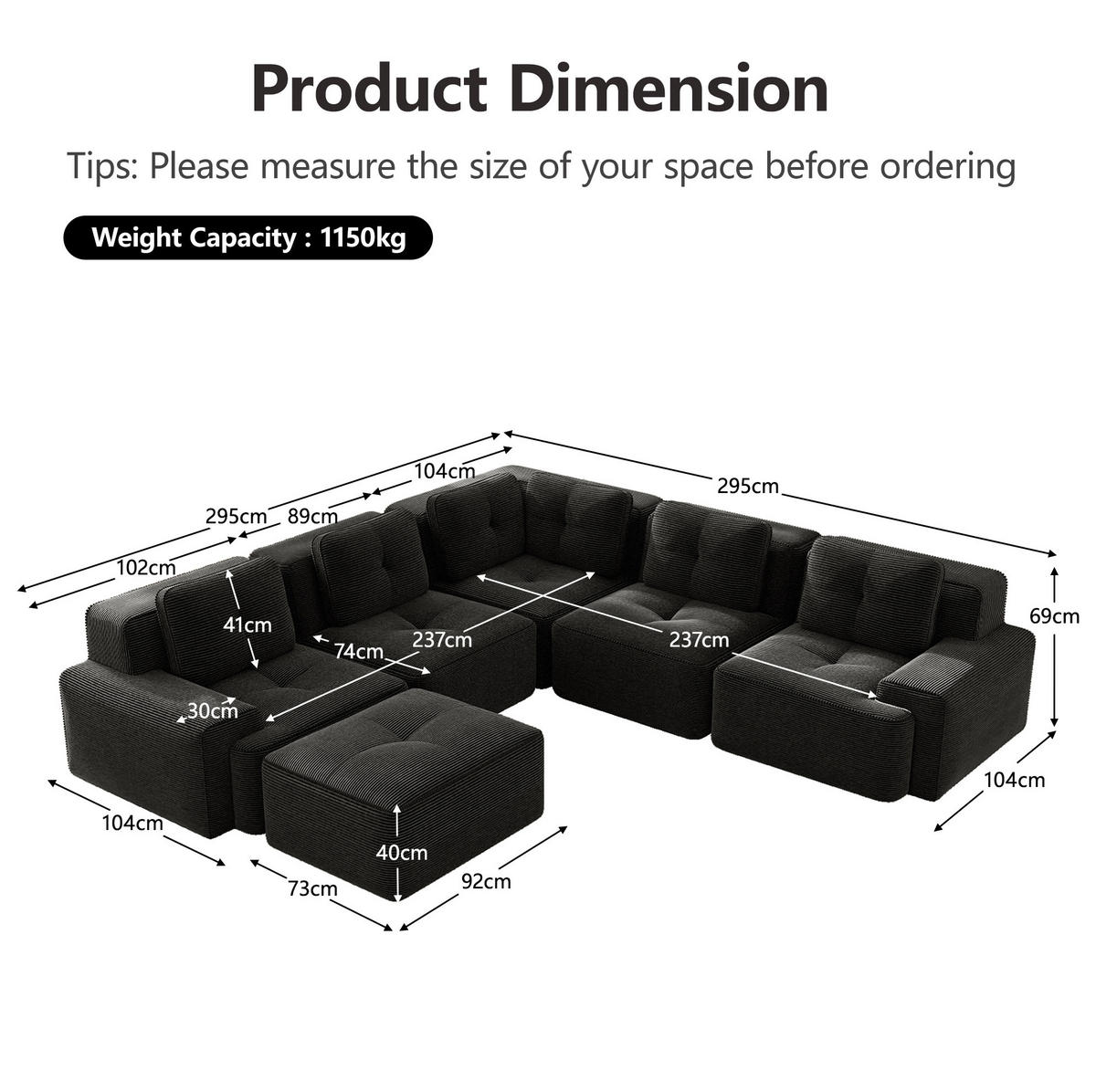 ECKSOFA 295/295/69 cm schwarz aus Cord mit 32D-Schaum und modularem Design - Schwarz, Textil (295/295cm) - OKWISH