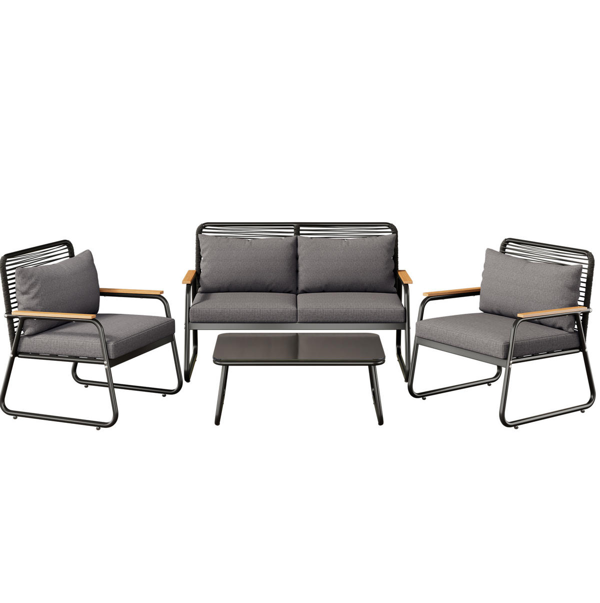 GARTEN-LOUNGE-SET mit Metallgestell & Glastisch, 118/65/78 cm + 2/ 63/65/78 cm, Schwarz - Schwarz, Metall - Redom