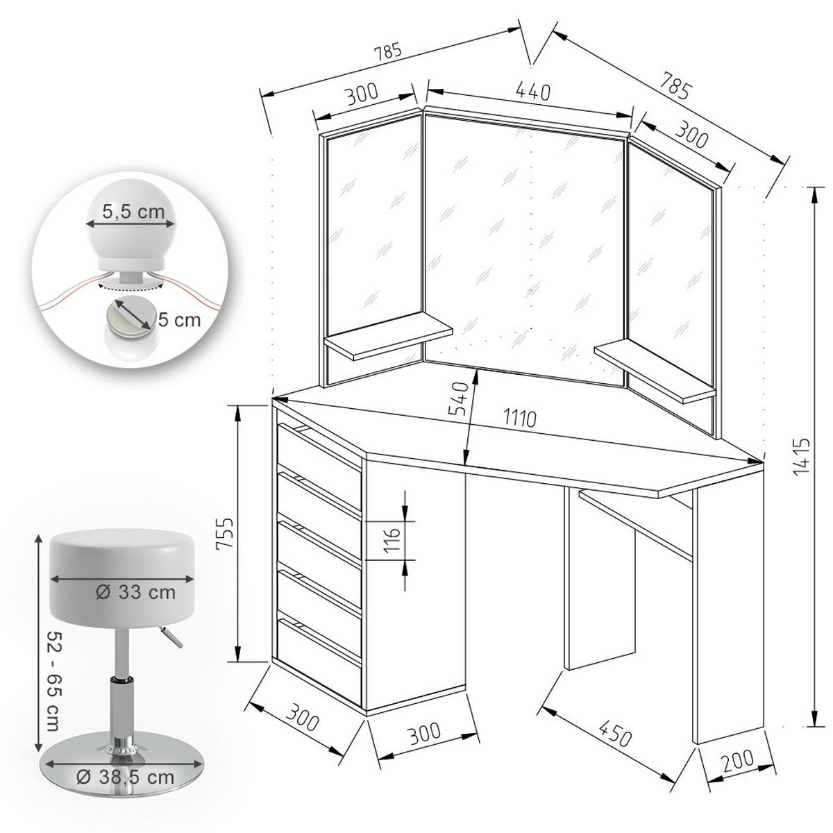 ECKSCHMINKTISCH Arielle Goldkraft Eiche 110 cm mit LED Beleuchtung und Hocker - Eiche Wotan, Holzwerkstoff (110/141.5/54cm) - Vicco