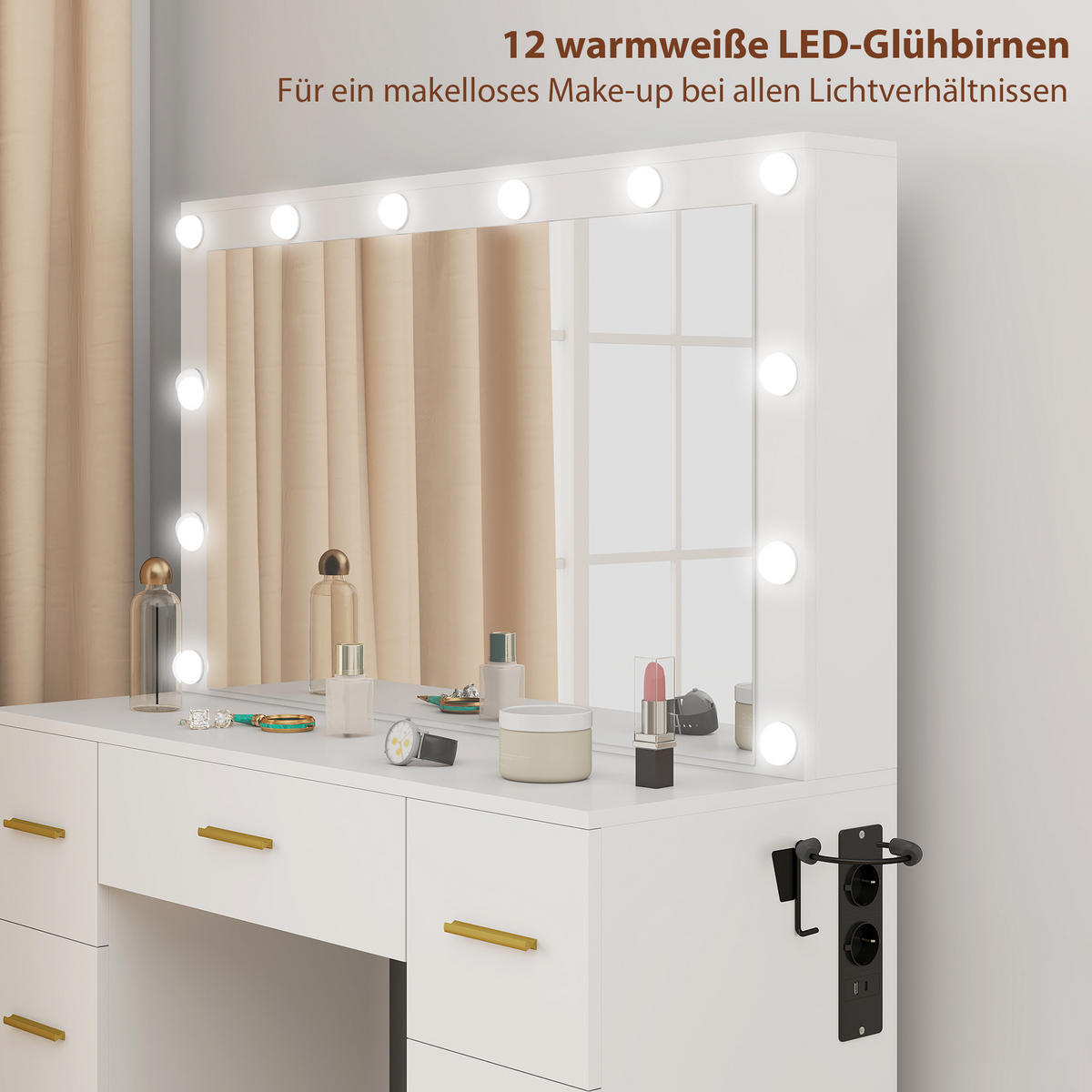 SCHMINKTISCH mit LED-Leuchten, Kosmetiktisch mit Spiegel, 7 Schubladen, Weiß - Goldfarben/Weiß, Holzwerkstoff/Metall (40/137/100cm) - HOMCOM