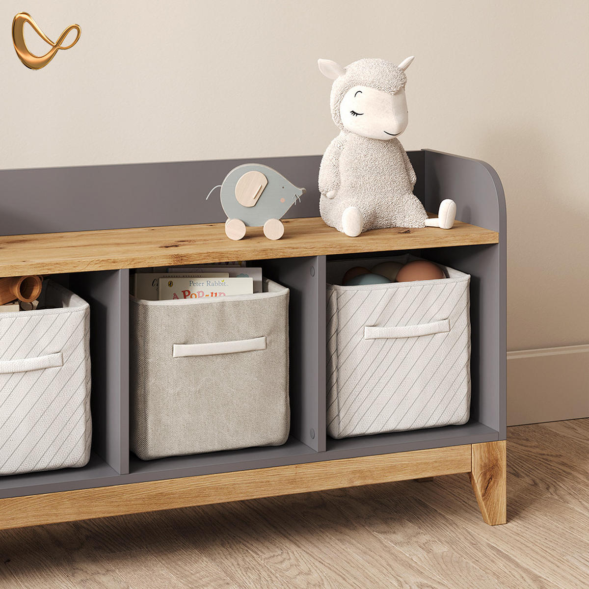 KINDERSITZBANK Mailo Grau/Artisan 107.2 x 63.8 cm XL mit 3 Schubladen - Eiche Artisan/Grau, Holzwerkstoff (107.2/63.8/30.6cm) - Livinity®