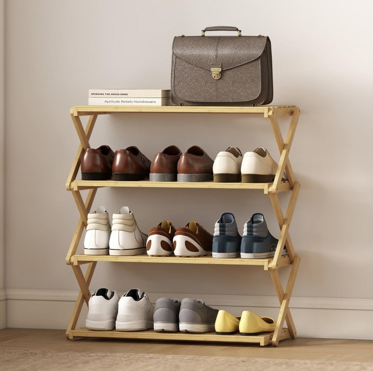 SCHUHREGAL 60/29/67 cm aus Bambus, faltbar mit 4 Ebenen - Naturfarben, Naturmaterialien (60/67/29cm) - Flora Grace