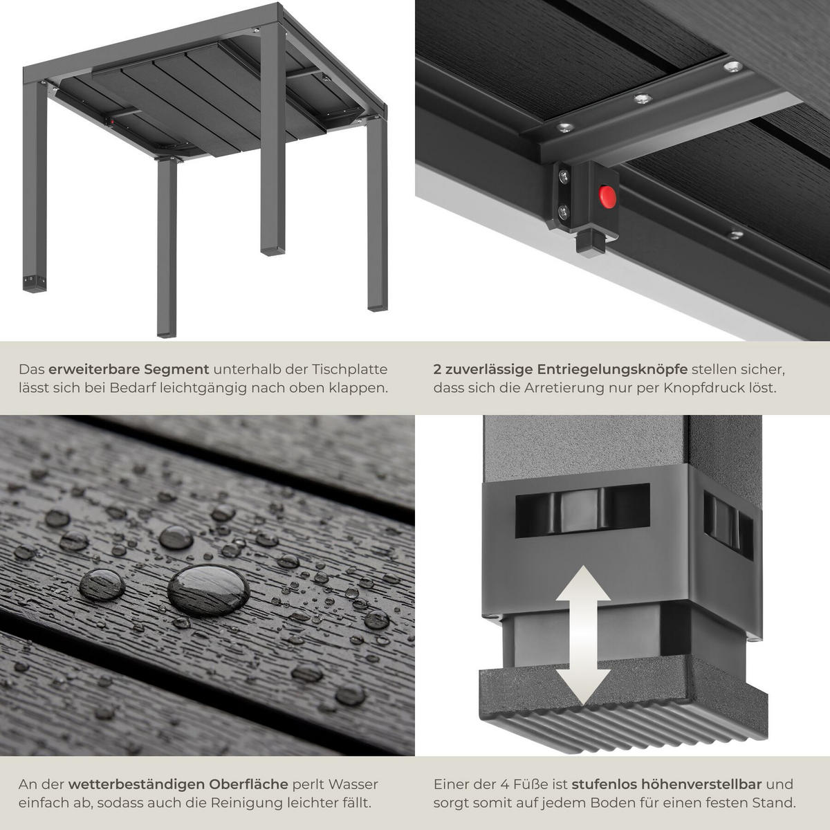GARTENTISCH aus Aluminium Inca, 80–120 x 80 x 74 cm, schwarz - Schwarz, Kunststoff (120/80/74cm) - tectake