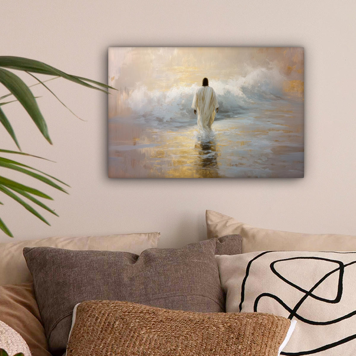 LEINWANDBILD Gemälde - Welle - Jesus - Abstrakt Deko Schlafzimmer 30x20 cm - Goldfarben, Textil (30/20cm) - MuchoWow