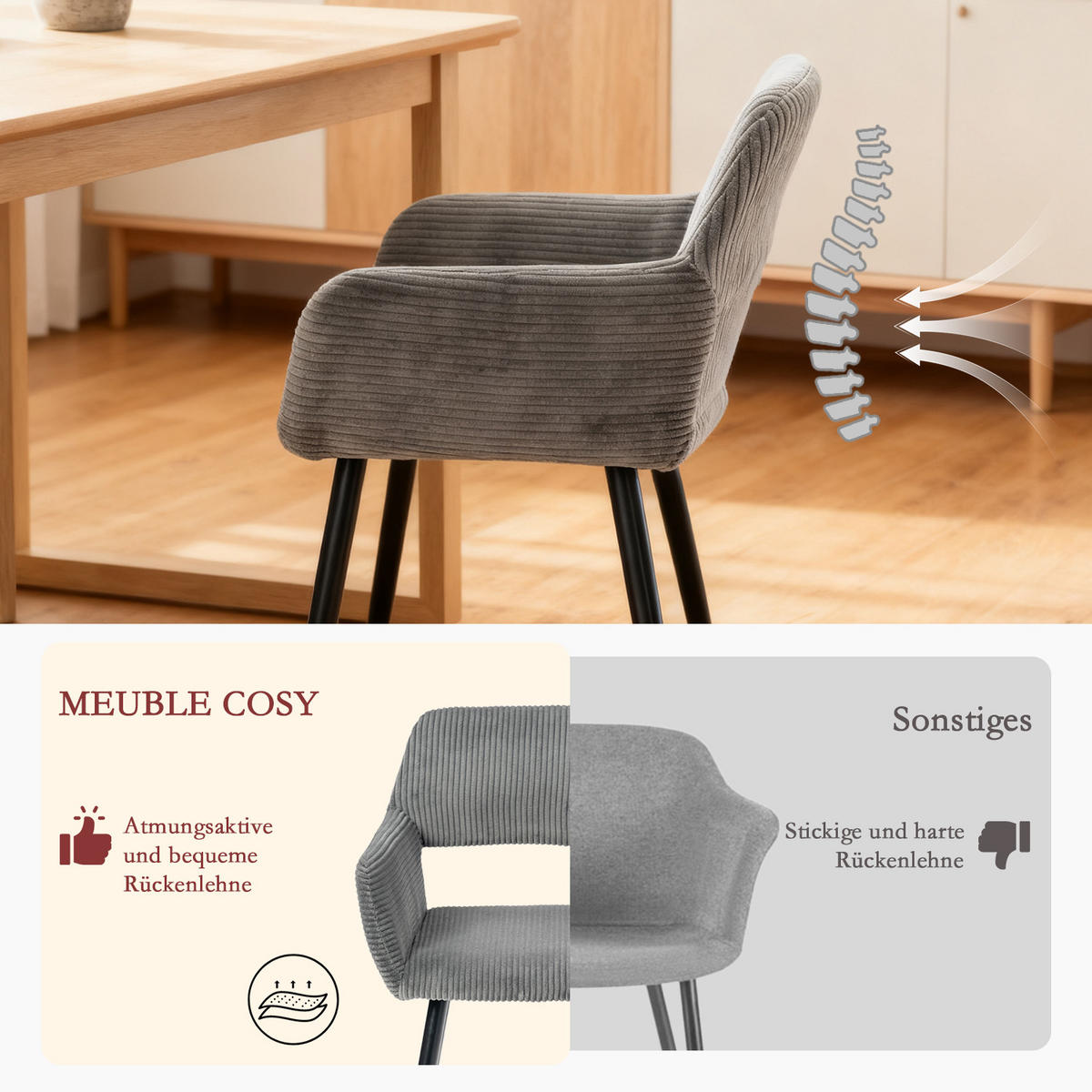 ESSZIMMERSTÜHLE 4er-Set, gepolstert, Cordbezug, Metallbeine, Grau - Grau, Textil/Metall (56/78/56cm) - Meubles Cosy