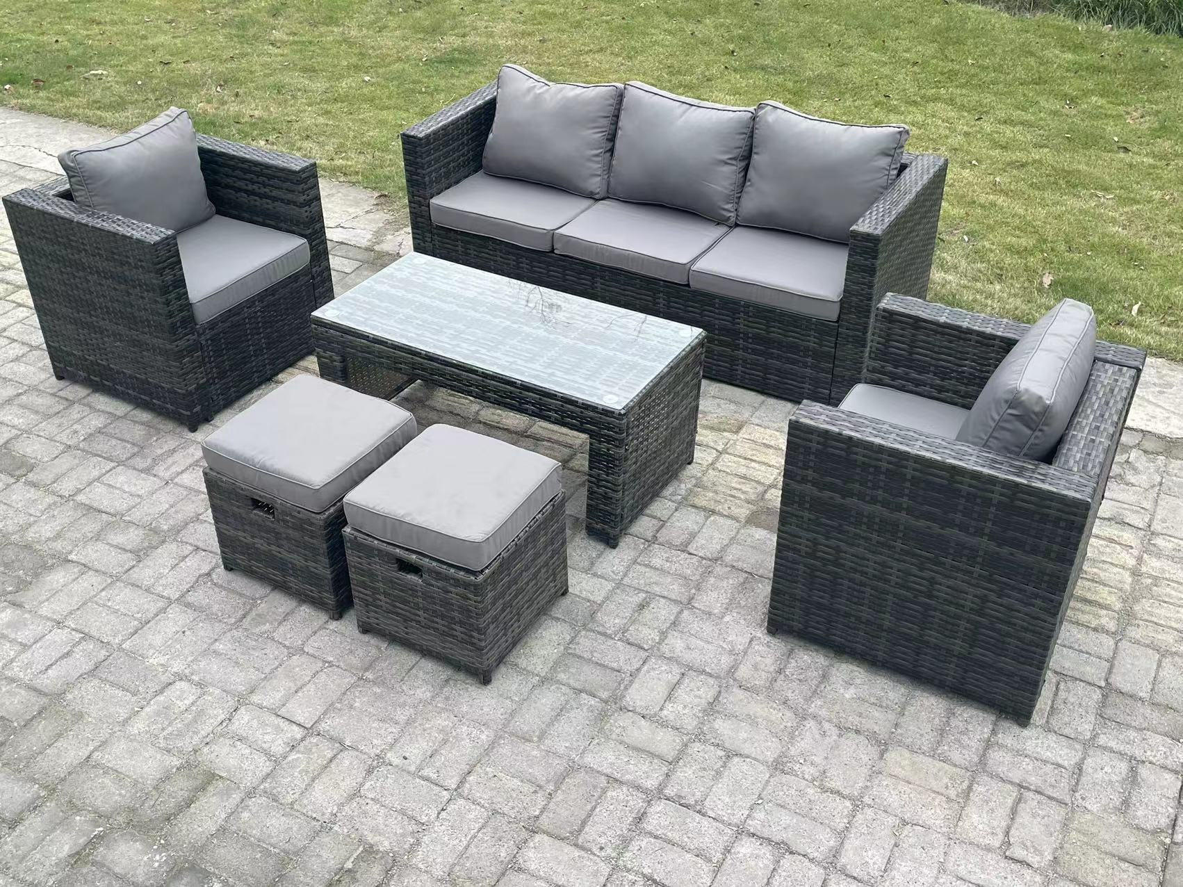 GARTENSET Polyrattan 7-Sitzer - Dunkelgrau/Grau, Glas/Kunststoff - Fimous