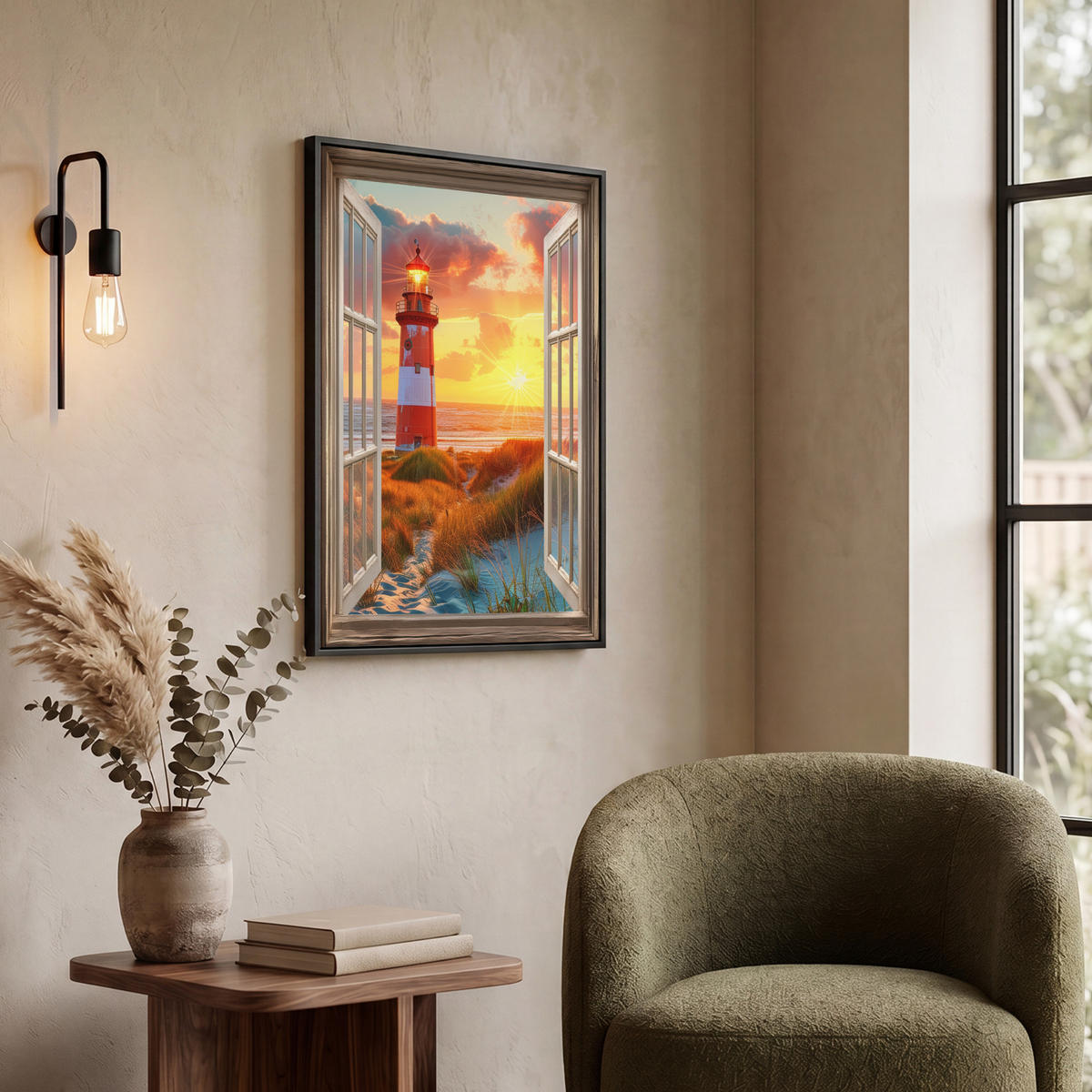LEINWAND Bilder mit Rahmen - Aussicht - Fenster - Leuchtturm - Sonnenuntergang - Strand - 50x70 - Dunkelorange, Textil (50/70cm) - MuchoWow