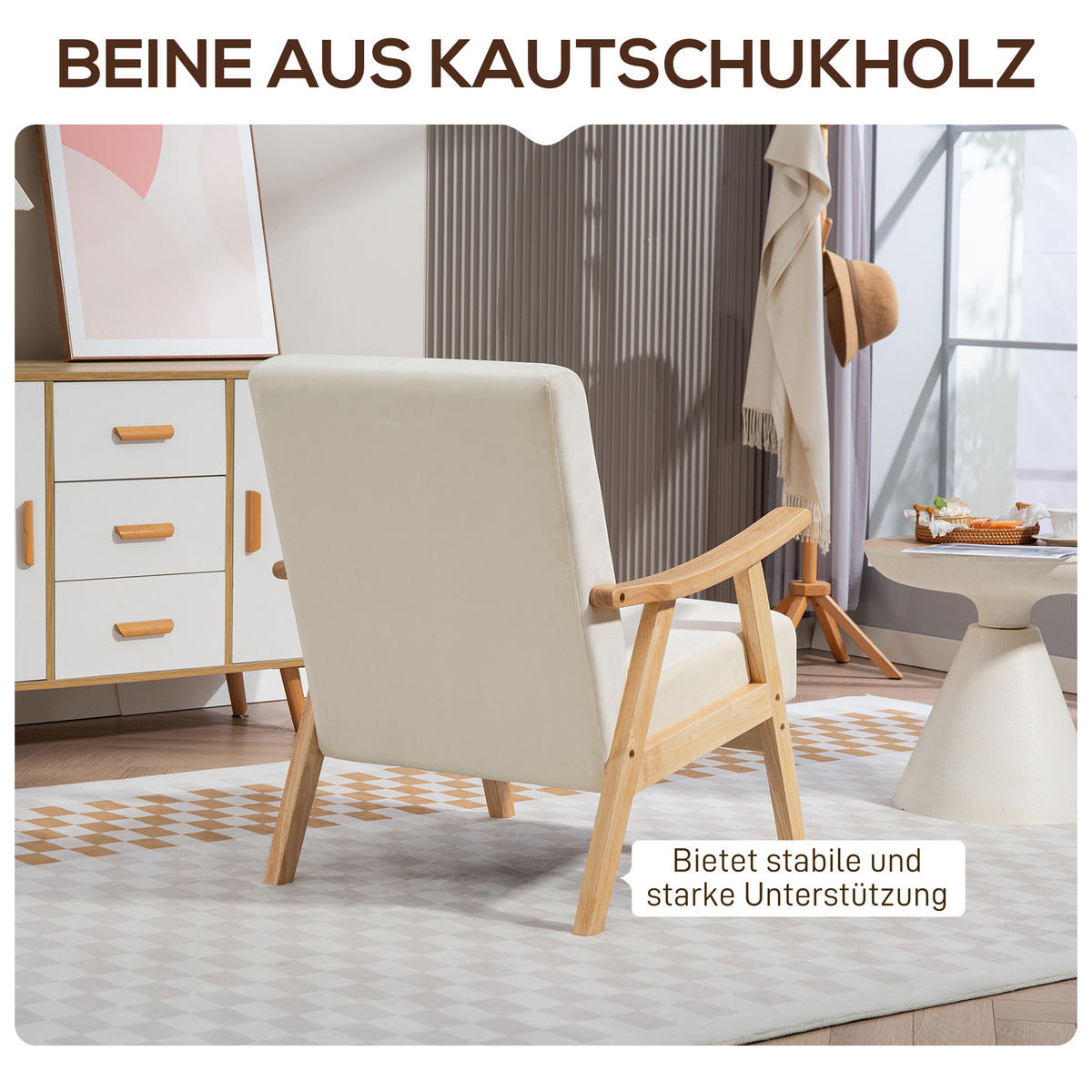 SESSEL Wohnzimmer Nordisch Relaxsessel mit Armlehne, Sitzkissen Cremeweiß - Creme, Kunststoff (65/83/80cm) - HOMCOM