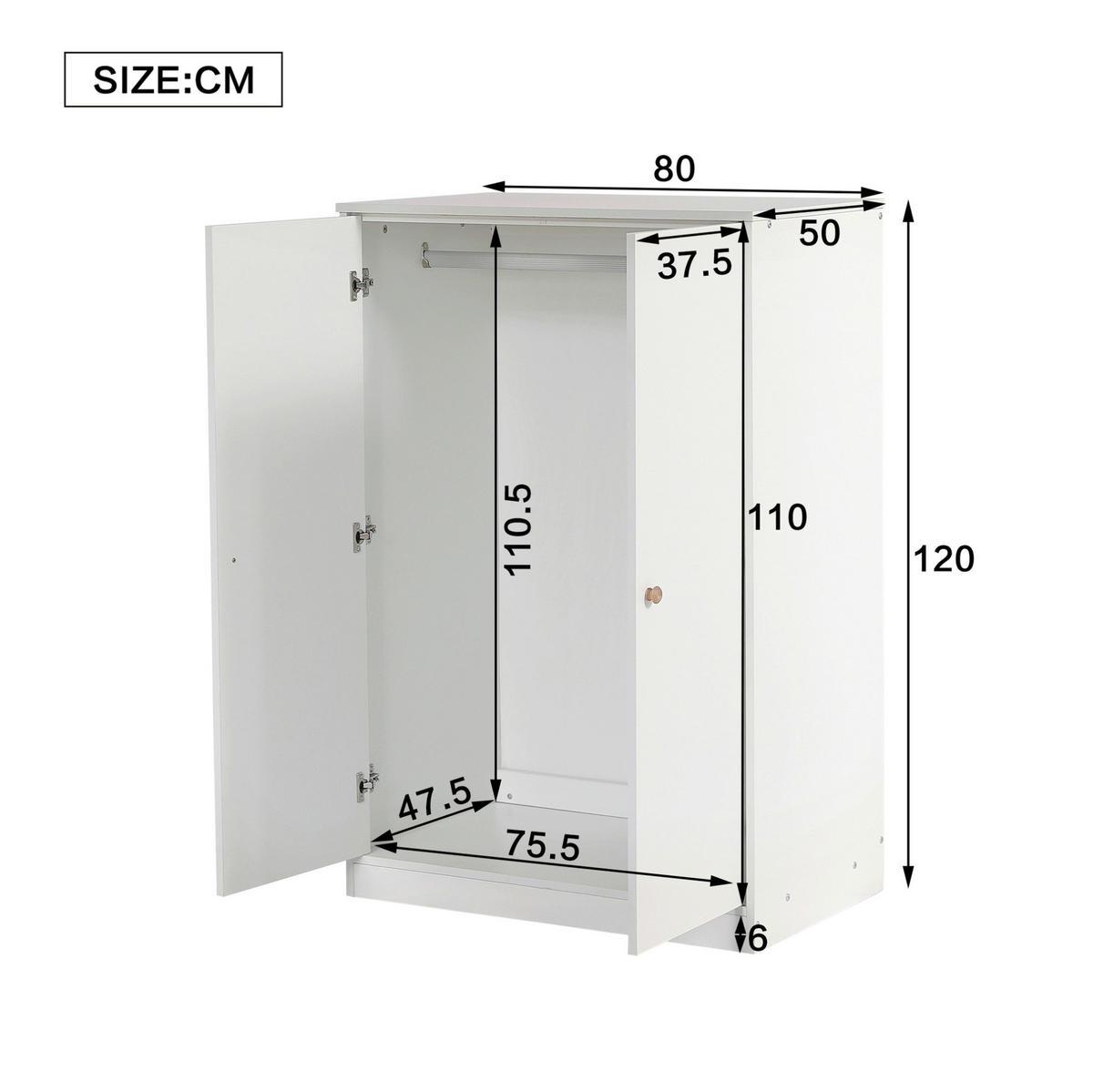 OMARA za oblačila 80/50/120 cm s palico, 2-vratna, prostorsko varčna, Bela - bela, les (80/120/50cm) - Redom