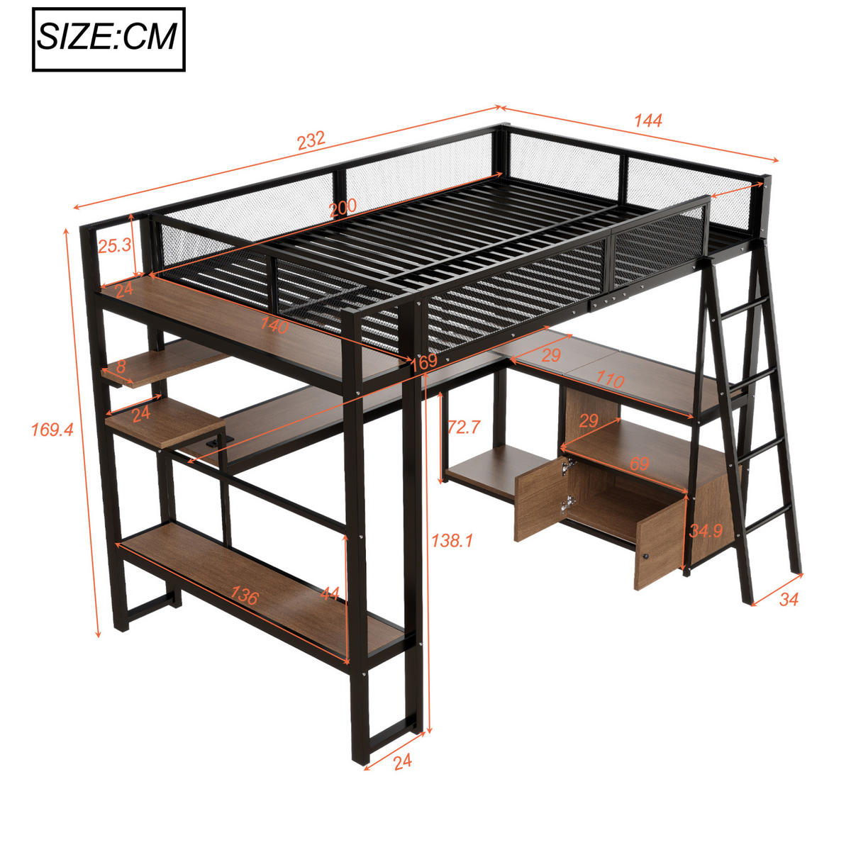 HOCHBETT 140/200 cm schwarz aus Metall und MDF mit Schreibtisch - Schwarz, Holzwerkstoff (140/200cm) - OKWISH