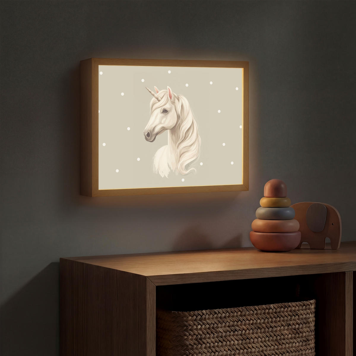 NÁSTĚNNÁ LAMPA S AKUMULÁTOREM Jednorožec - bílý - tečky 40x30 cm - šedohnědá, kompozitní dřevo (40/30/8cm) - OnlyWow