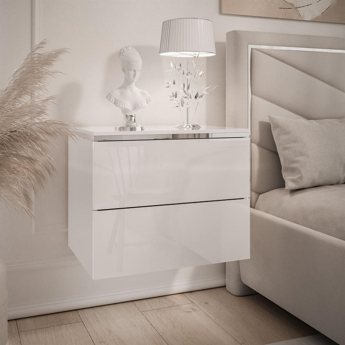 NACHTTISCH AURORA II SILVER Hochglanz Weiß mit LED-Beleuchtung – Hängend - Weiß Hochglanz, Holzwerkstoff (50/40/37cm) - Lookway