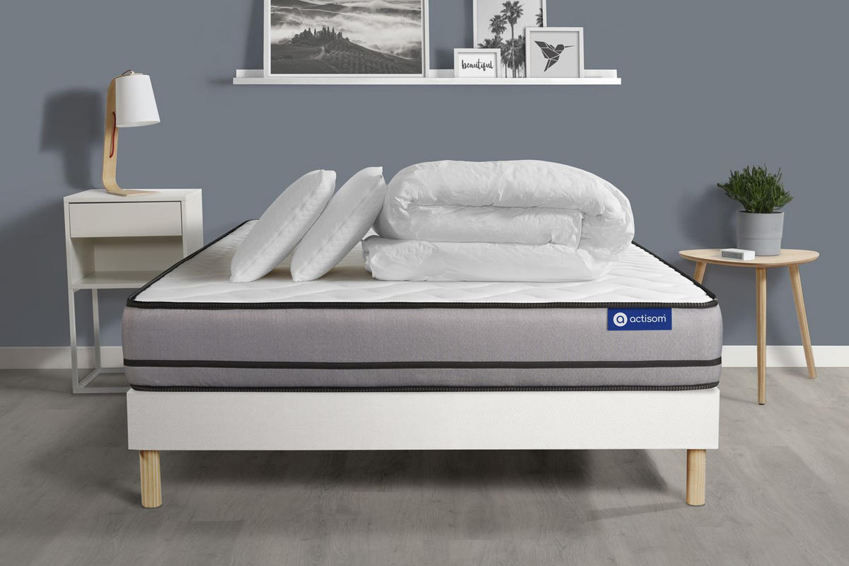 BETT Actiflex night Taschenfederkern 140 x 200 cm h4 - Kit Bettgestell Weiß - Mit Kissen und Bettdecke - Beige/Weiß, Holz/Textil (140/200cm) - ACTISOM