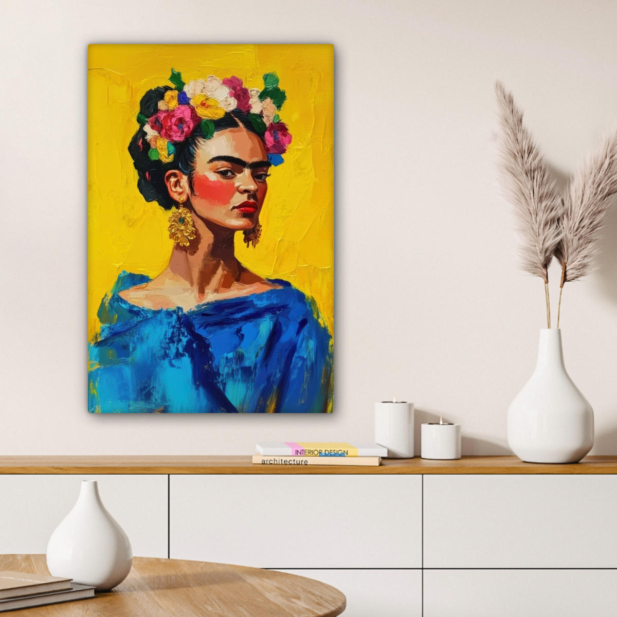 LEINWANDBILD Frida Kahlo - Frau - Gelb - Blau - Blumen 60x90 cm - Gelb, Textil (60/90cm) - MuchoWow