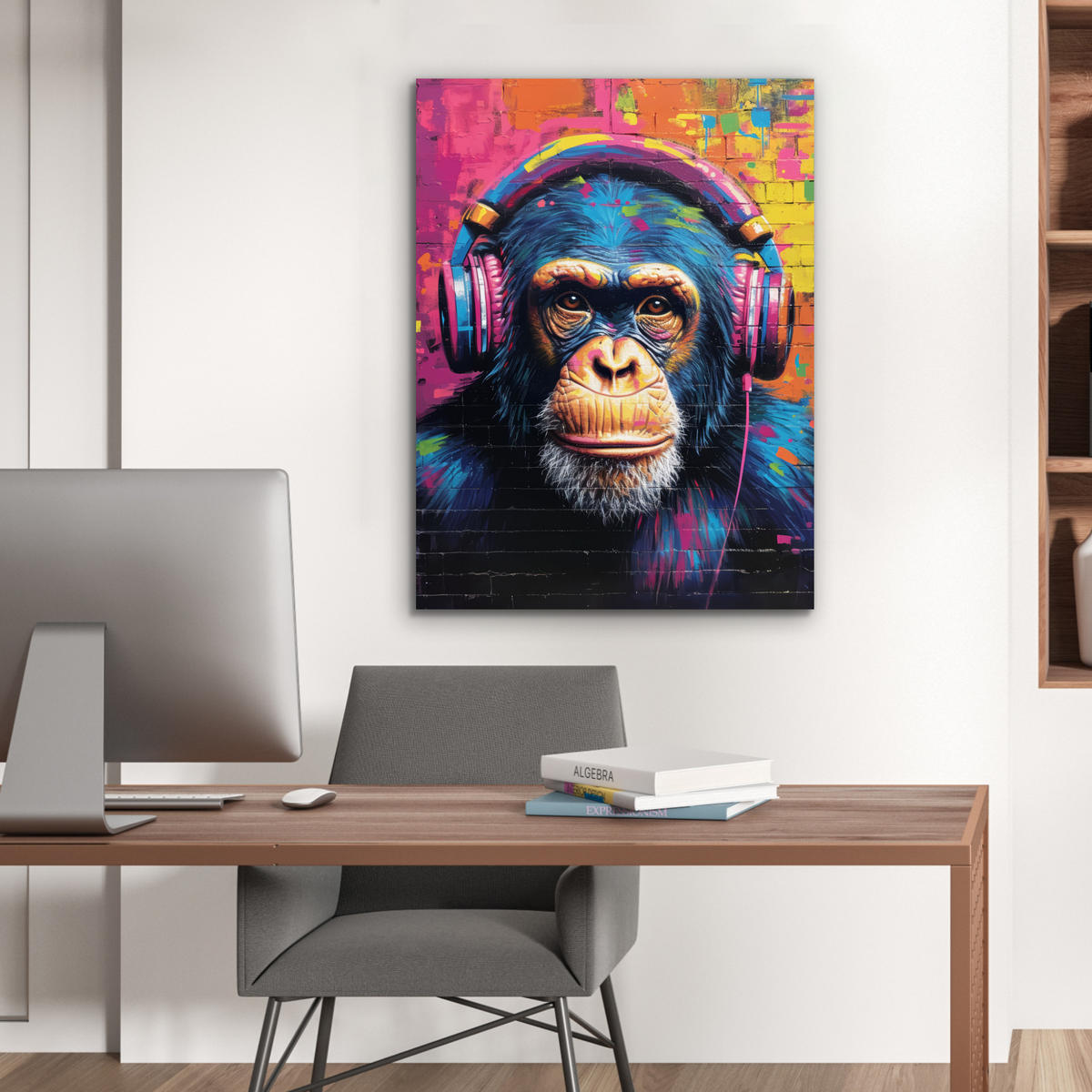KOVOVÝ OBRAZ Graffiti - Šimpanz - Street art - Slúchadlá - Opica 60x80 cm - modrá, kov (60/80cm) - MuchoWow