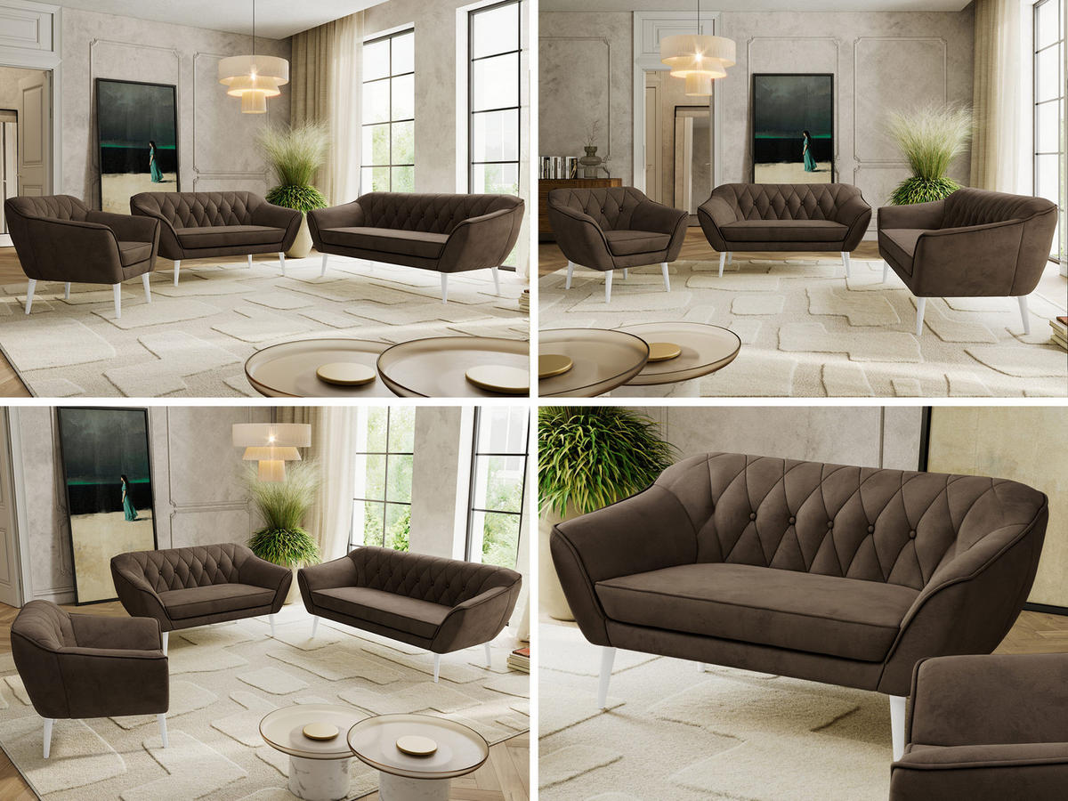SITZGARNITUR PIRS 3+2+1 - Braun Velvet - Weiße Beine - Dunkelbraun/Braun, Holzwerkstoff/Textil (180/75/74cm) - MKS