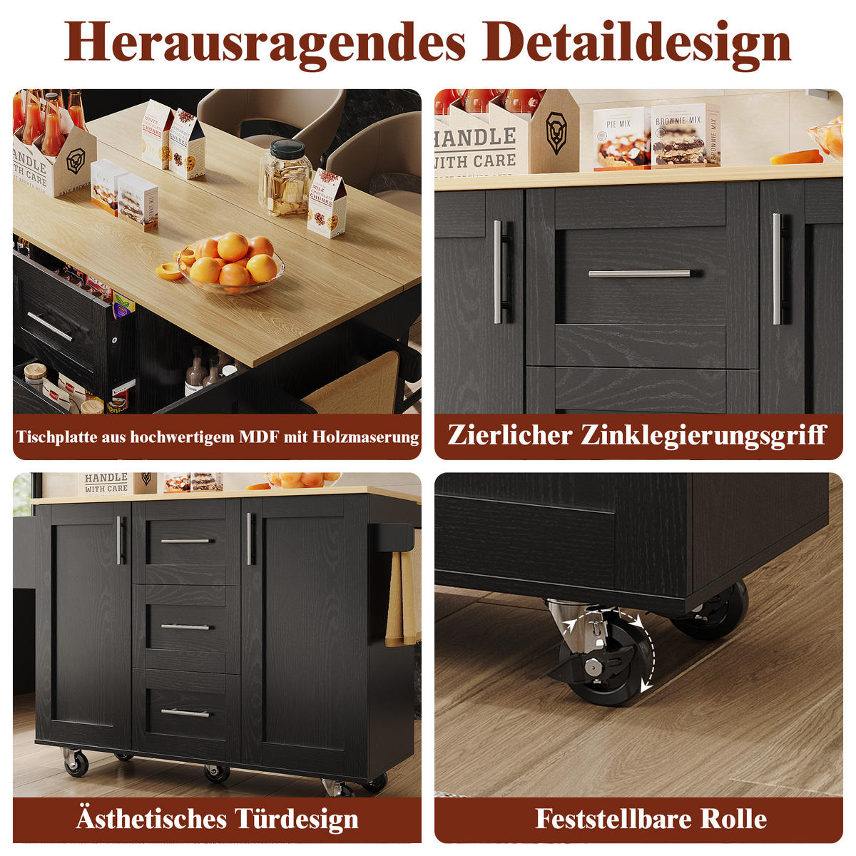 KÜCHENWAGEN 135x74x87.2cm Schwarz mit Klappseiten, 3 Schubladen, Snackregal & 5 Rollen - Schwarz, Holzwerkstoff (135/87.2/74cm) - Modfu