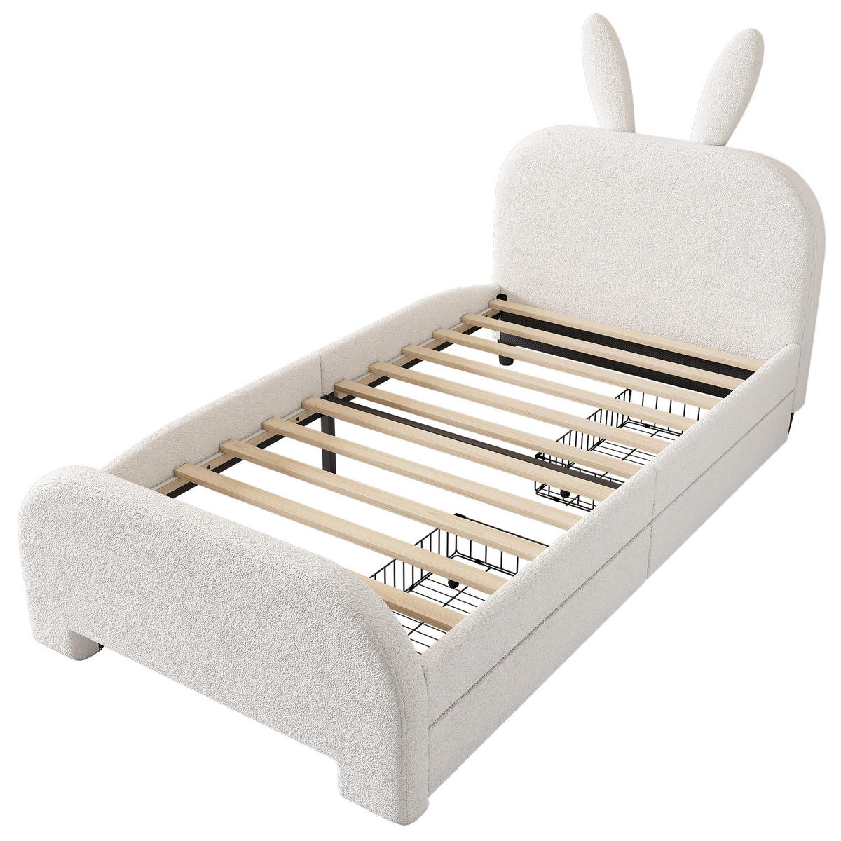 BETT 90/200 cm Cartoon Kaninchenform gepolstert mit zwei Schubladen Weiß - Weiß, Textil (90/200cm) - OKWISH