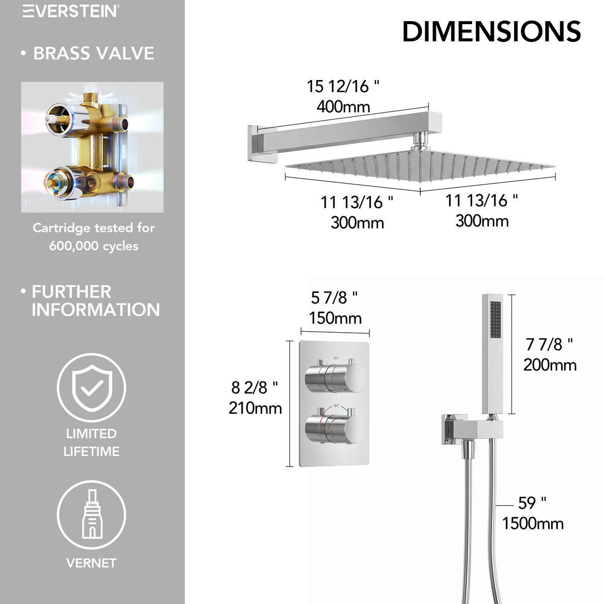DUSCHARMATUR SFS-5010 Chrom, Unterputz, Thermostat, 300-mm-Kopfbrause, Handbrause, 400-mm-Duscharm, 1500-mm-Schlauch - Chromfarben, Metall (30/21/40cm) - Everstein