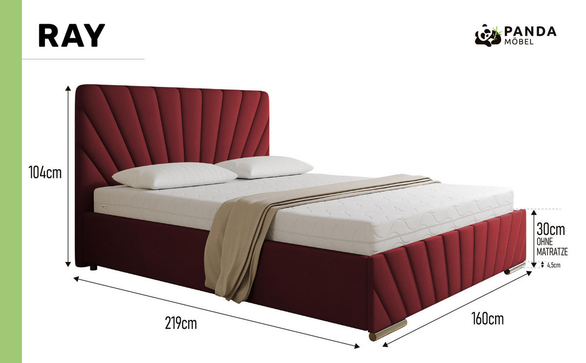 POLSTERBETT Ray 160 x 200 cm mit Bettkasten und Lattenrost taschenfederkernmatratze 19cm- rot - Rot, Holz (160/200cm) - Panda Möbel