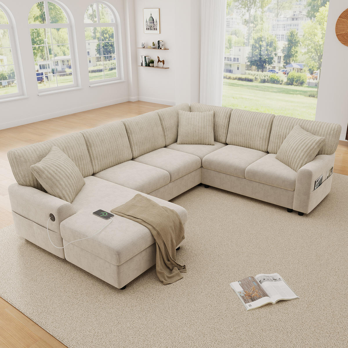 WOHNLANDSCHAFT mit U-Form, Chaise longue, USB und Type-C in Beige - Beige, Textil (249/83/196cm) - EVRYAE