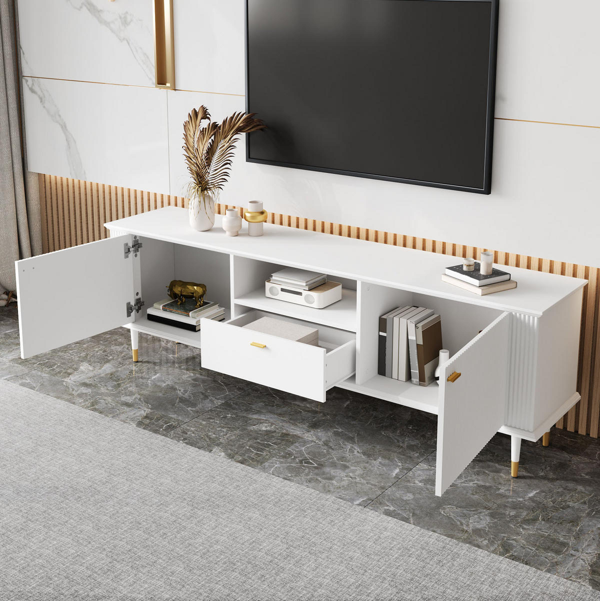 TV-SCHRANK mit 2 Türen und Schublade 170 cm MDF Weiß - Weiß, Holzwerkstoff (36/54/170cm) - Beauniv