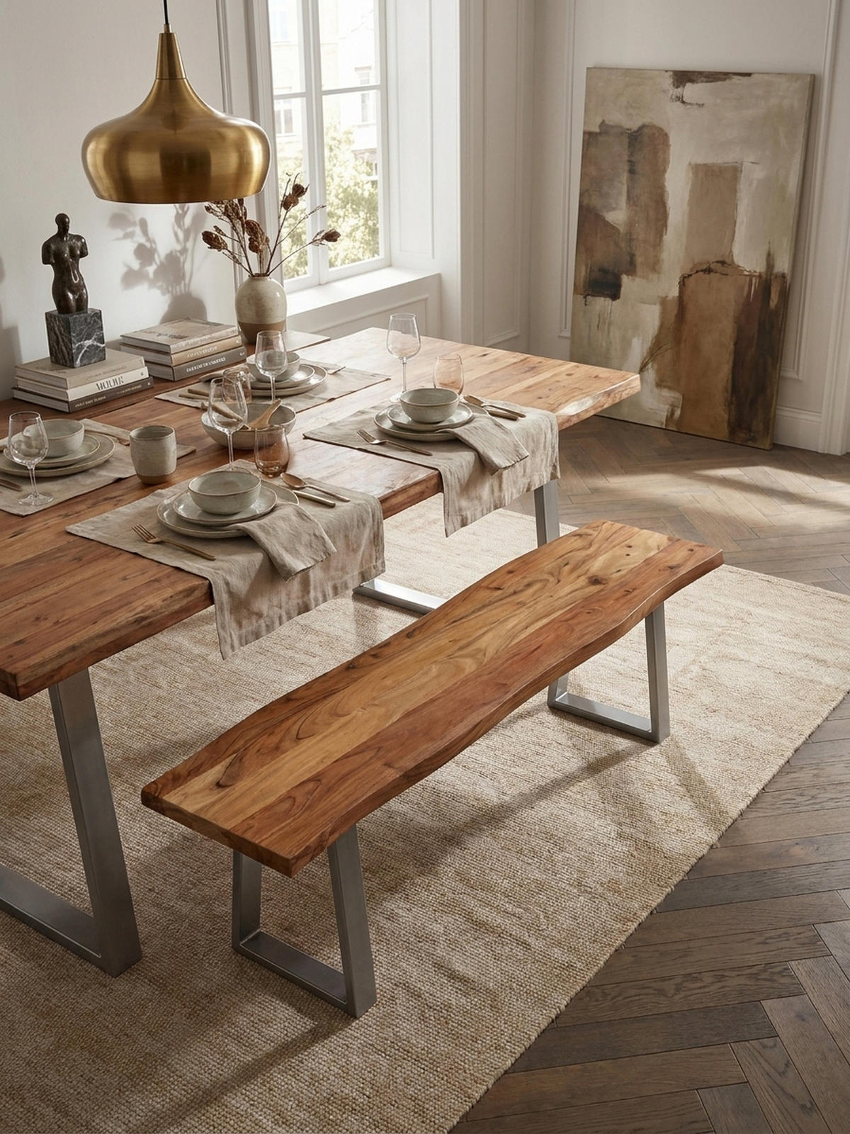 ESSZIMMERBANK Massivholz Metall Baumkante Chromgestell, Akazie 140x40x46 cm - Silberfarben/Braun, Holz/Metall (140/46/40cm) - KADIMA DESIGN