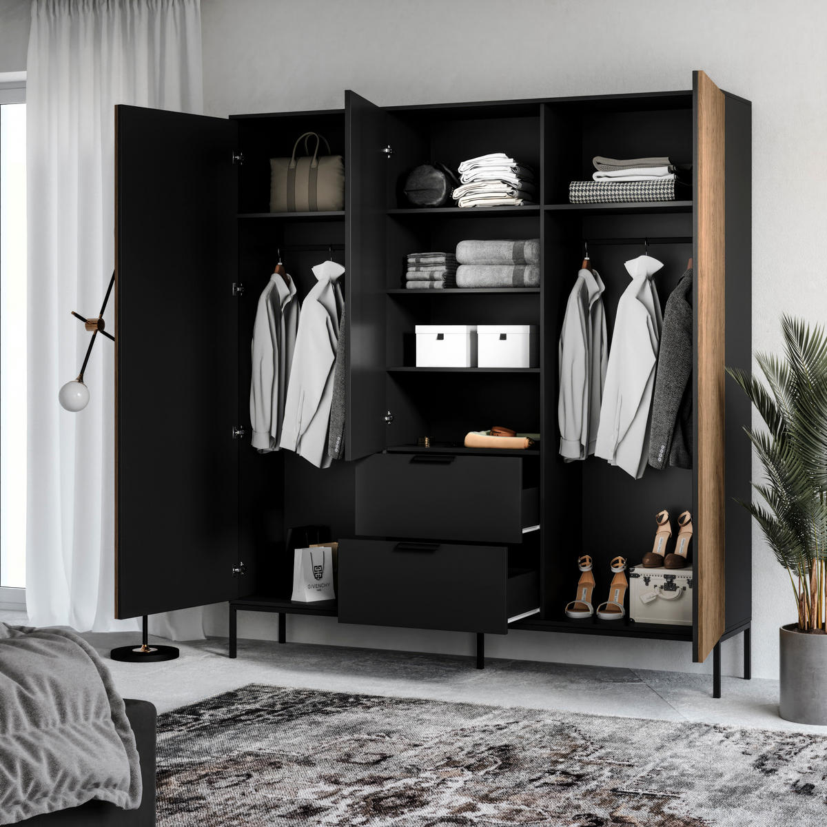 DREHTÜRENSCHRANK - Schrank Meteor (Schwarz + Artisan) - Schwarz, Holzwerkstoff/Metall (185/200/60cm) - Möblo