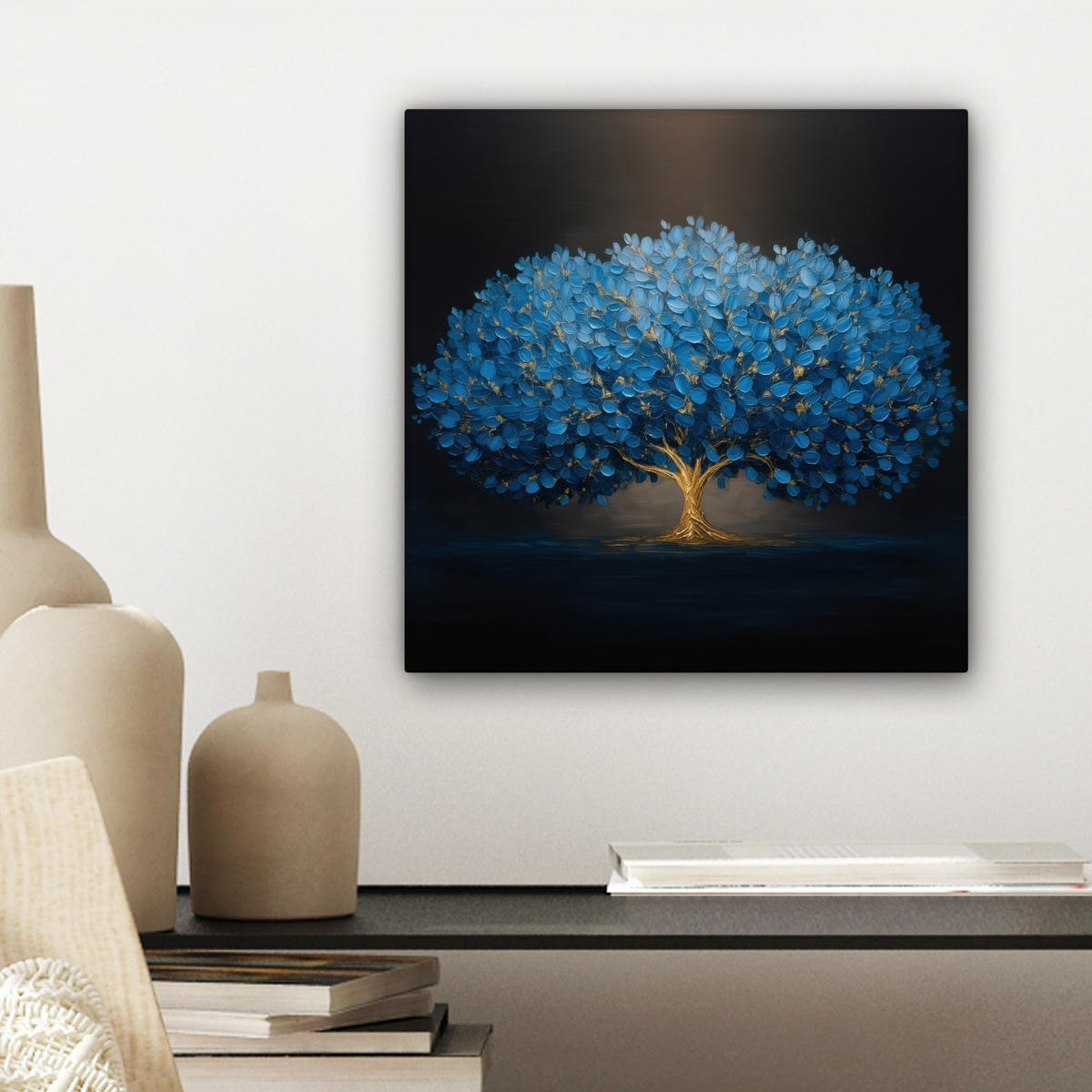 LEINWANDBILD Baum - Blau - Blätter - Pinselstriche Deko Wohnzimmer 20x20 cm - Blau, Textil (20/20cm) - MuchoWow