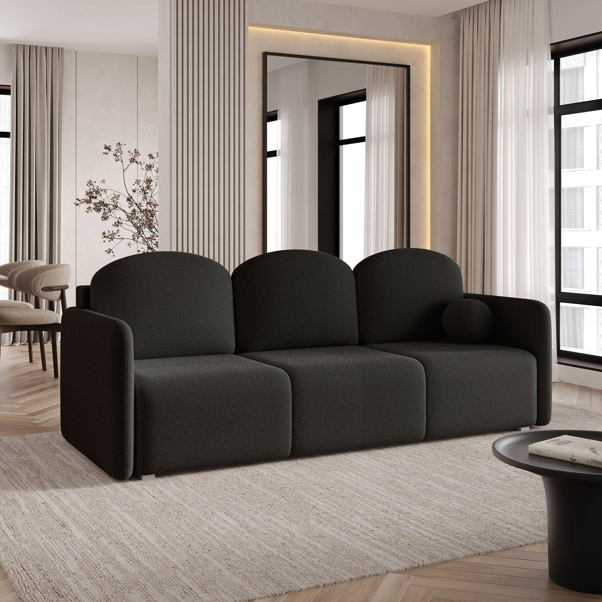 BETTSOFA SUVI III Q Schwarz Bucle-Stoff mit Schlaffunktion - Schwarz, Textil (220/85/90cm) - MASSENO