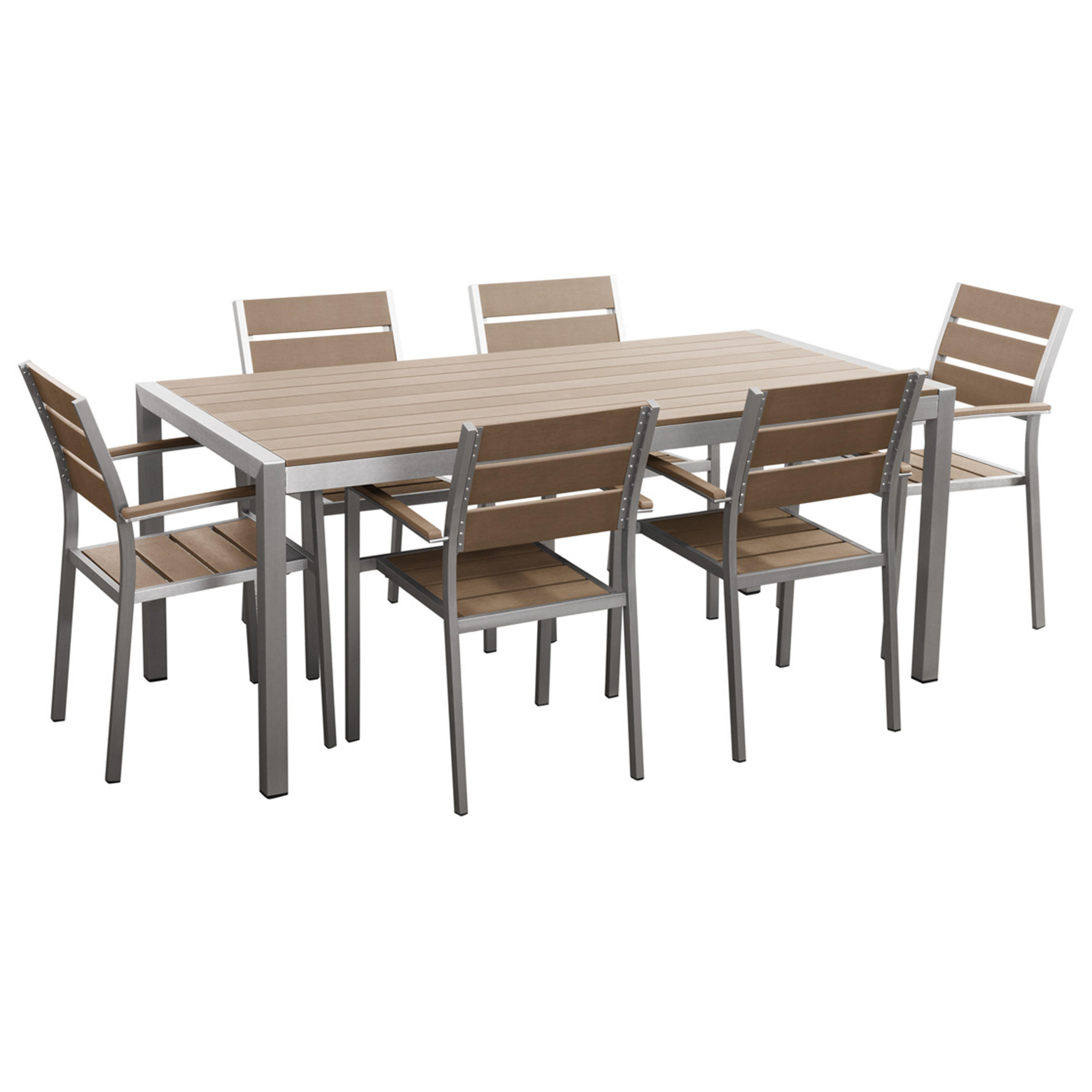 SET VRTNOG NAMJEŠTAJA 6-sjed aluminij umjetno drvo smeđi Vernio - srebrne boje/svijetlo smeđa, plastika - Beliani