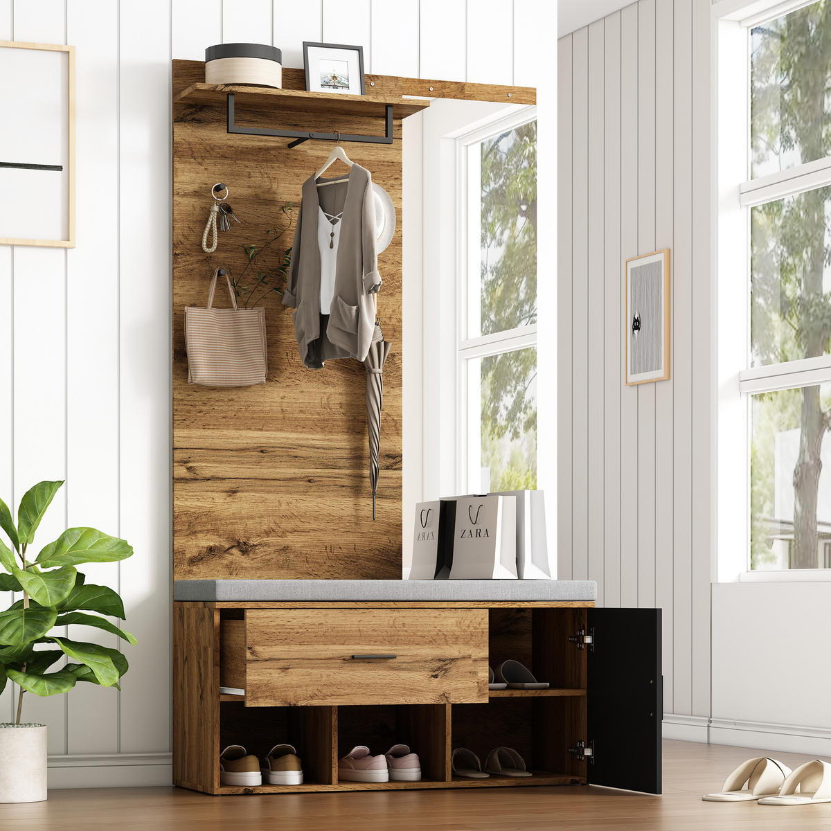 GARDEROBENSET 190Cm Spiegel Schuhbank Holzoptik - Naturfarben, Holzwerkstoff (39/190/104cm) - FLIEKS