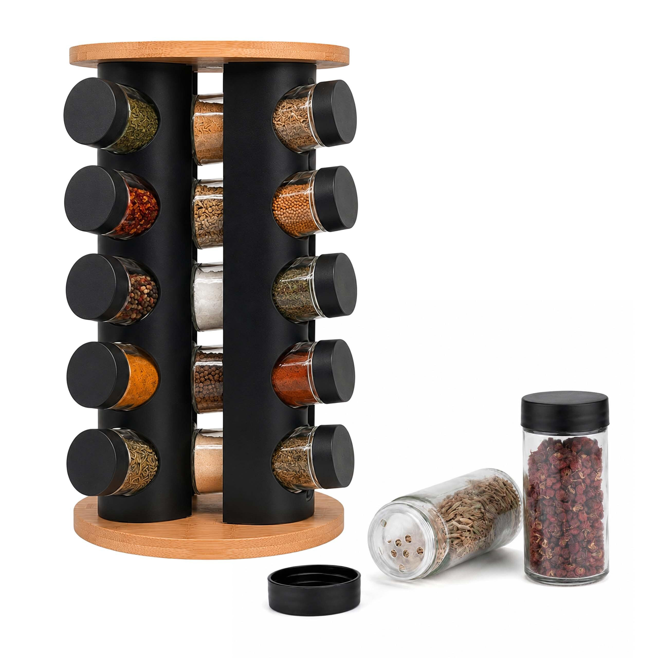 GEWÜRZKARUSSELL Natur Schwarz Transparent 20er-Set - Multicolor, Glas/Holz (19.5/33/19.5cm) - Relaxdays