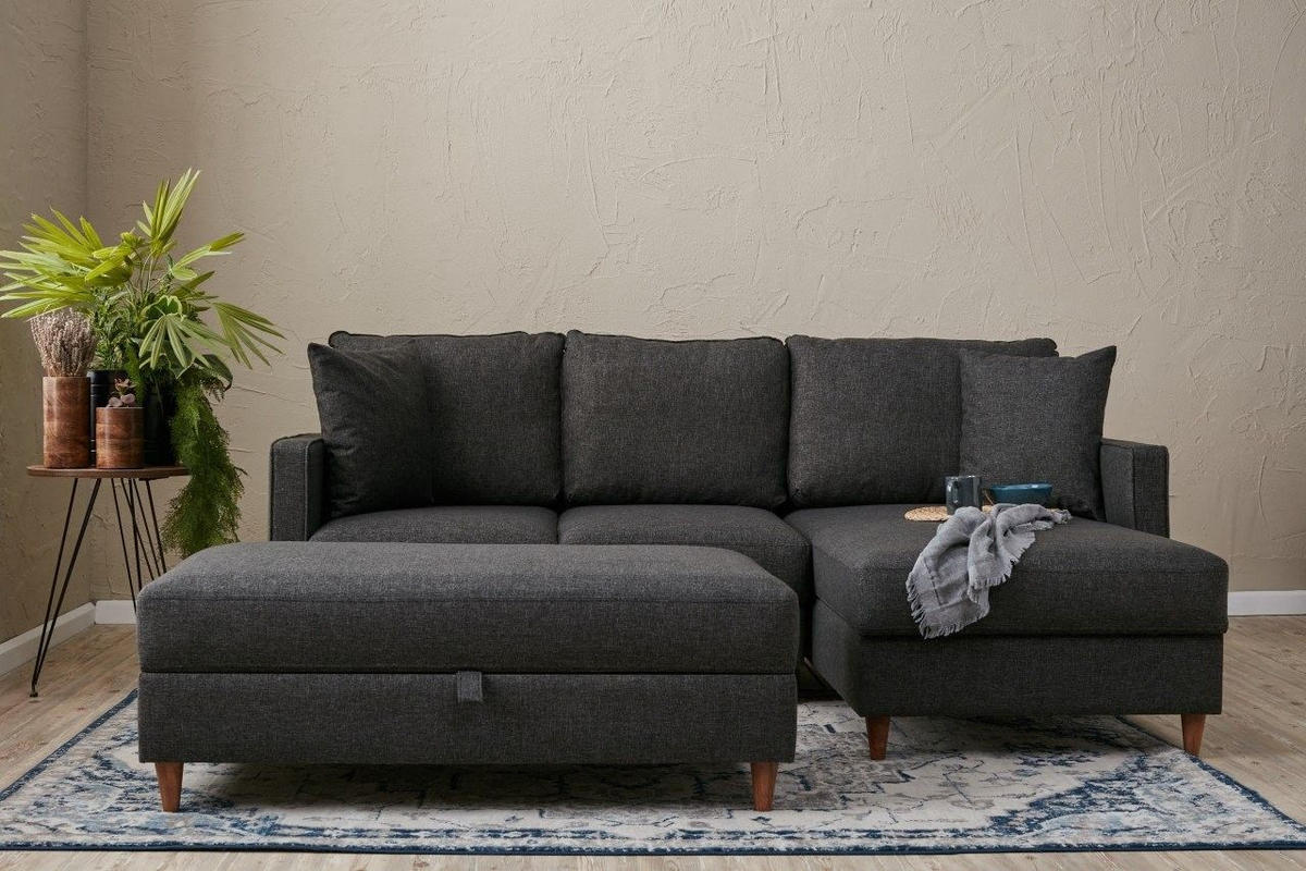 ECKSOFA mit Hocker, Schlaffläche - Anthrazit/Walnussfarben, Holz/Kunststoff (155/210cm) - myHomelando
