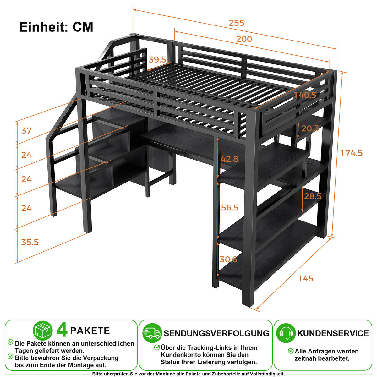 HOCHBETT 140/200 cm in Schwarz mit Treppe, Kleiderschrank, Schreibtisch, LED und USB - Schwarz, Holzwerkstoff/Metall (140/200cm) - CHICFURN